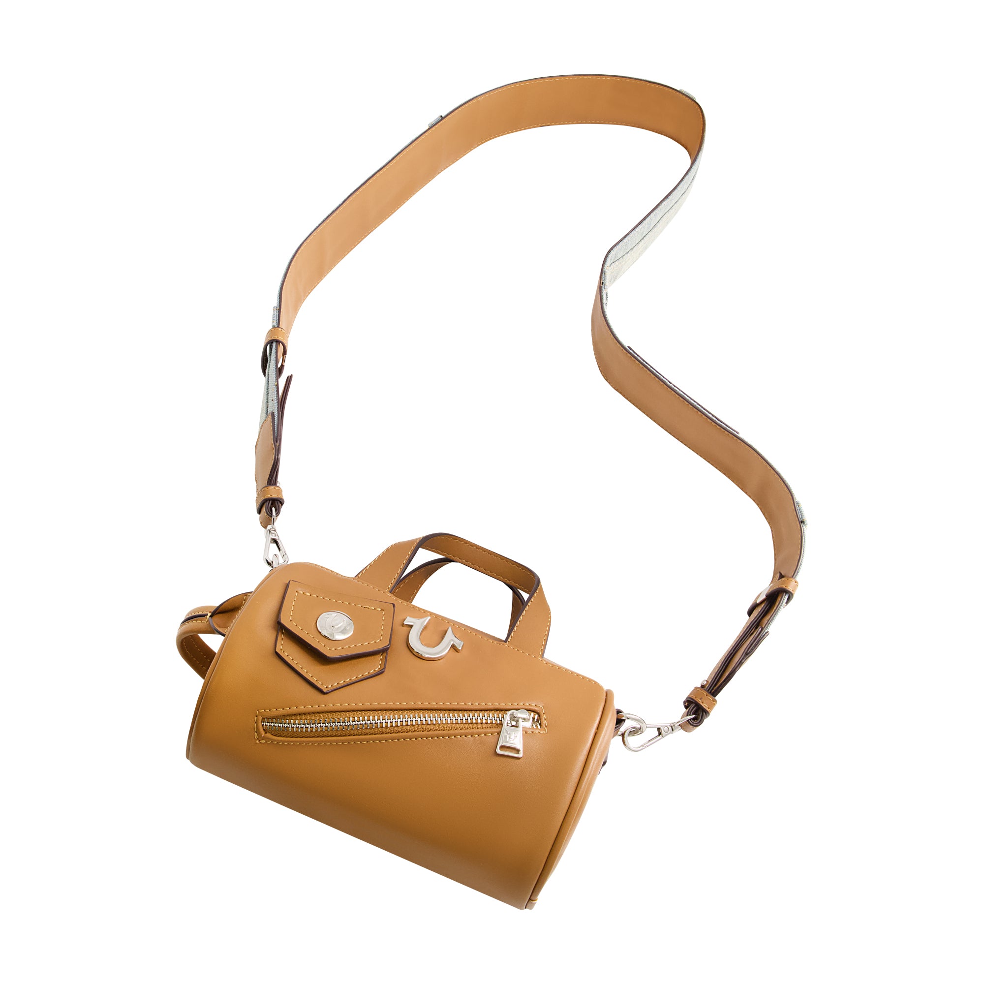 True Religion Zip Top Mini Duffle Handbag, Cognac