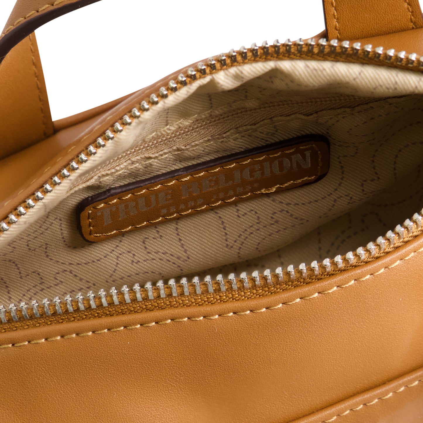 True Religion Zip Top Mini Duffle Handbag, Cognac