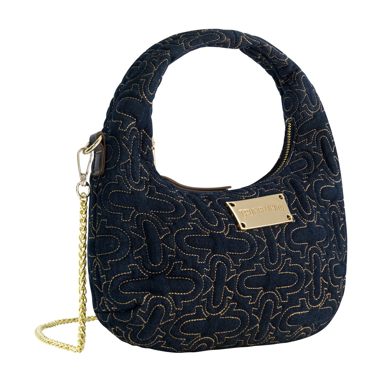 True Religion Women's Quilted Denim Hobo Bag with Gold Detailing, DENIM