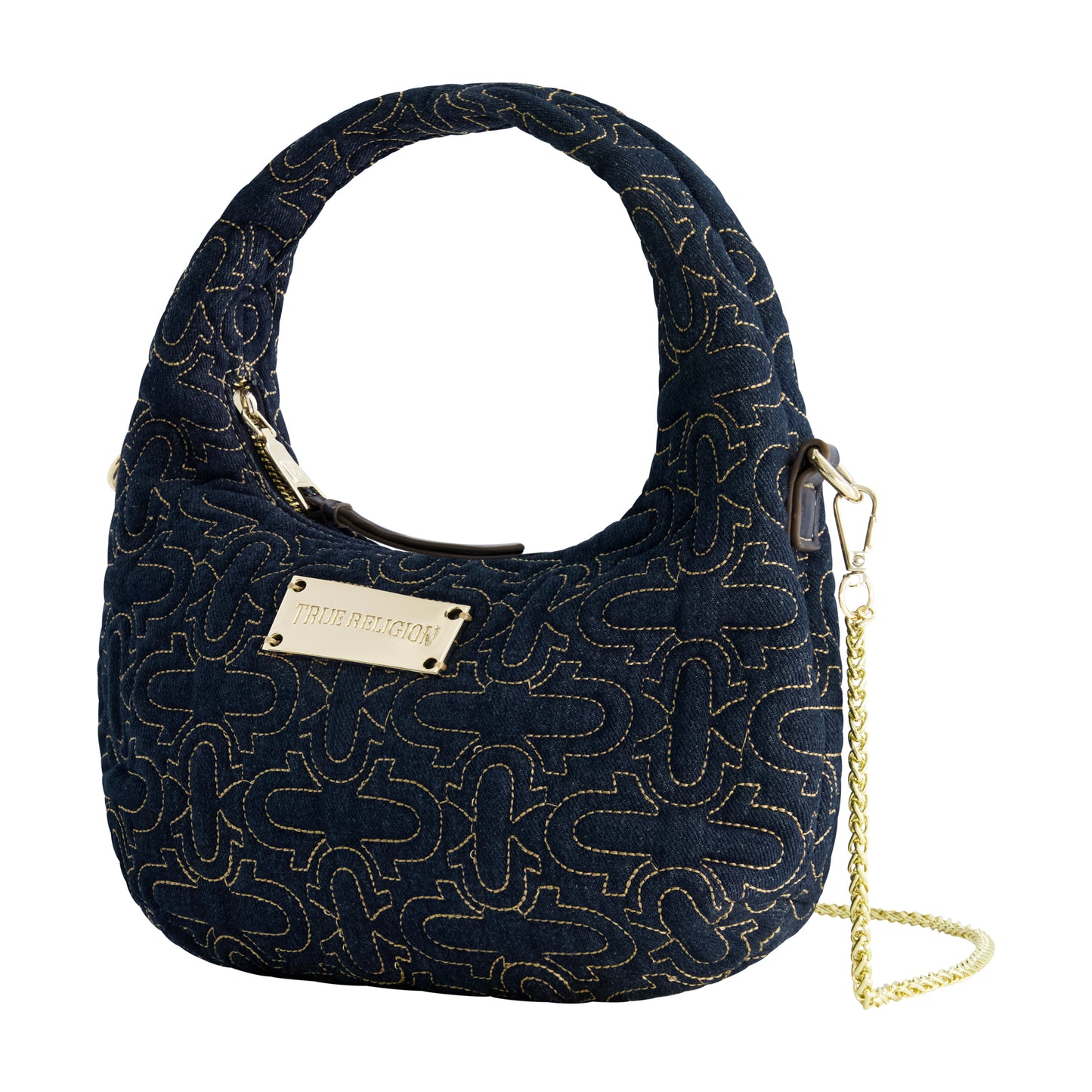 True Religion Women's Quilted Denim Hobo Bag with Gold Detailing, DENIM