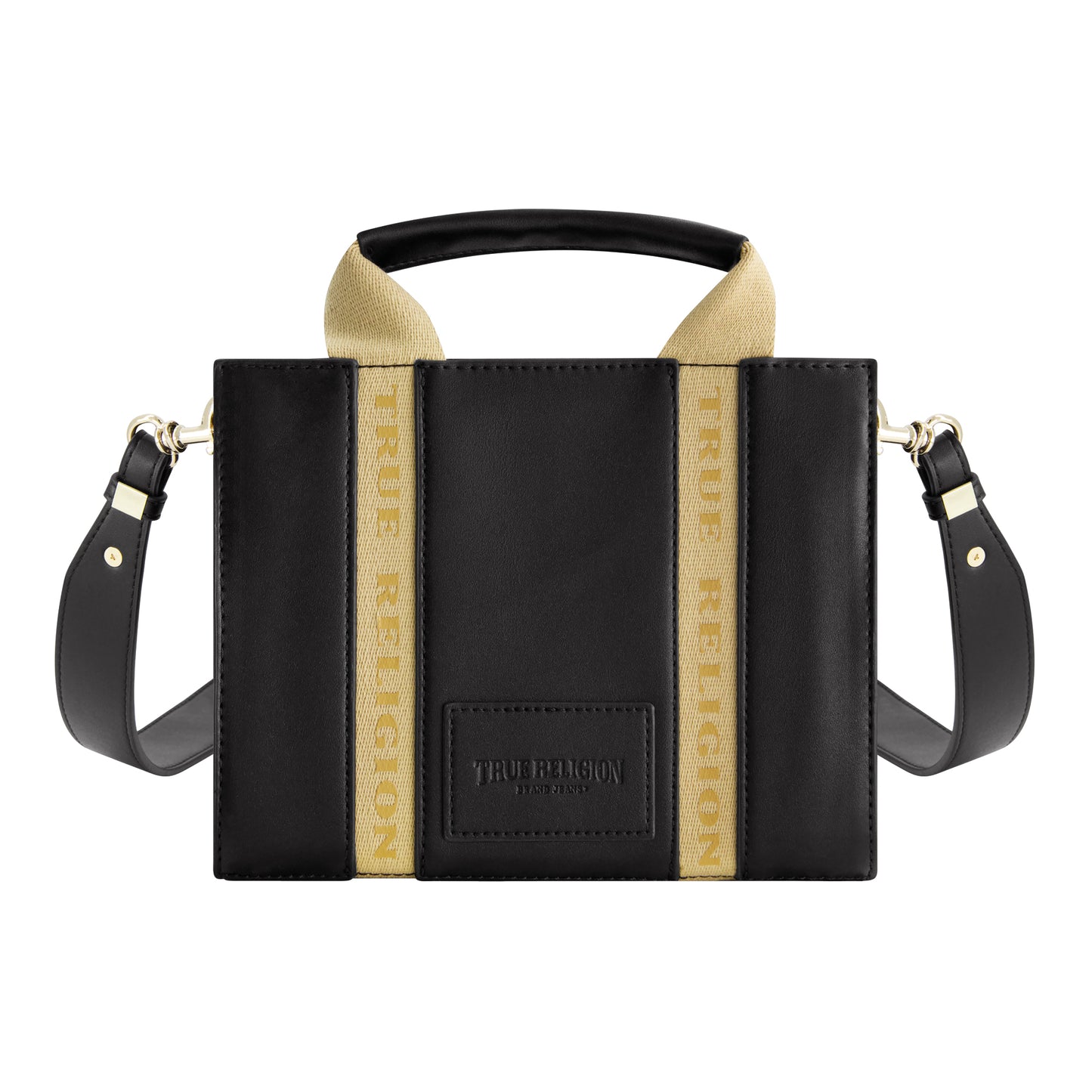 True Religion Licensed Faux Leather Mini Tote Bag with Branded Straps, BLACK