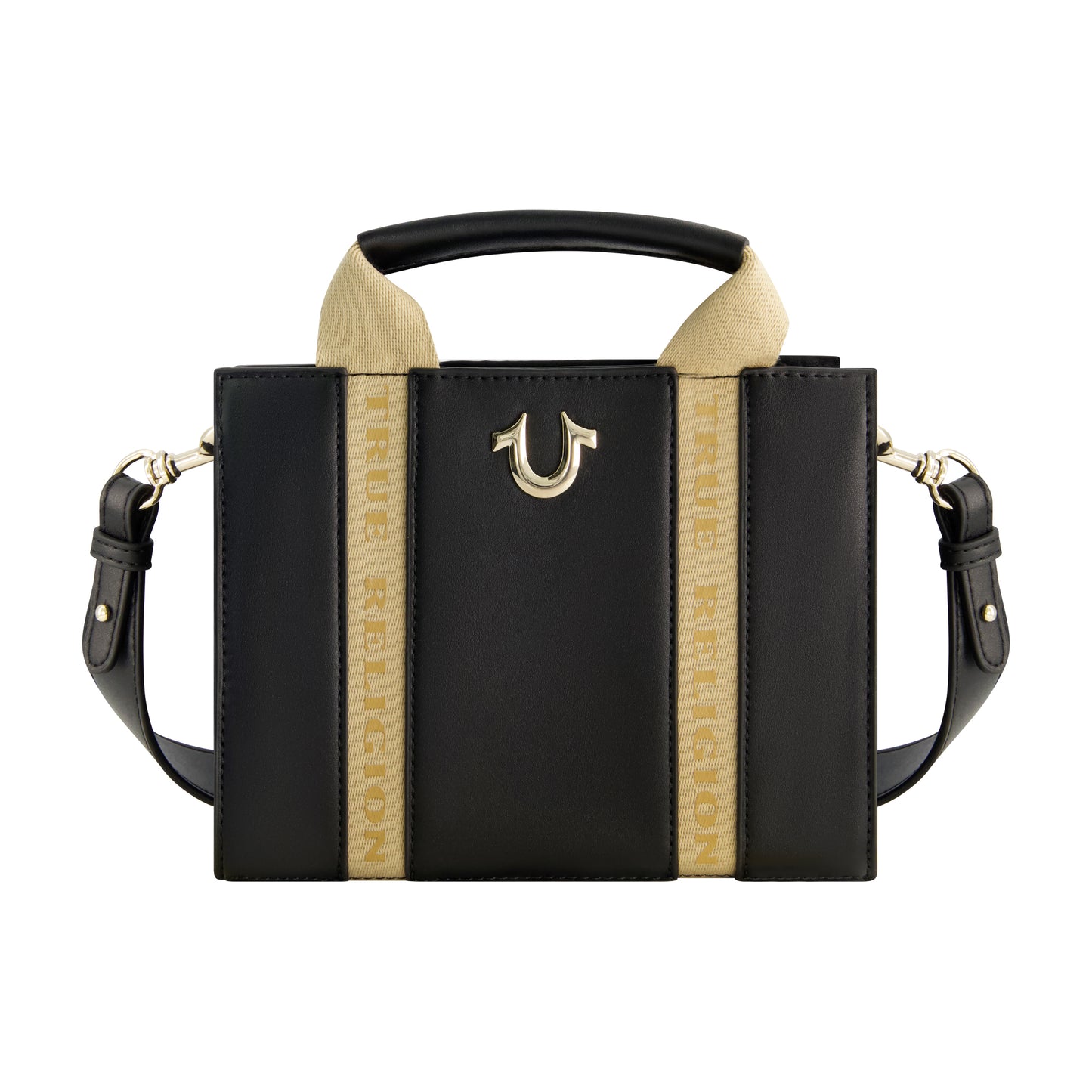 True Religion Licensed Faux Leather Mini Tote Bag with Branded Straps, BLACK