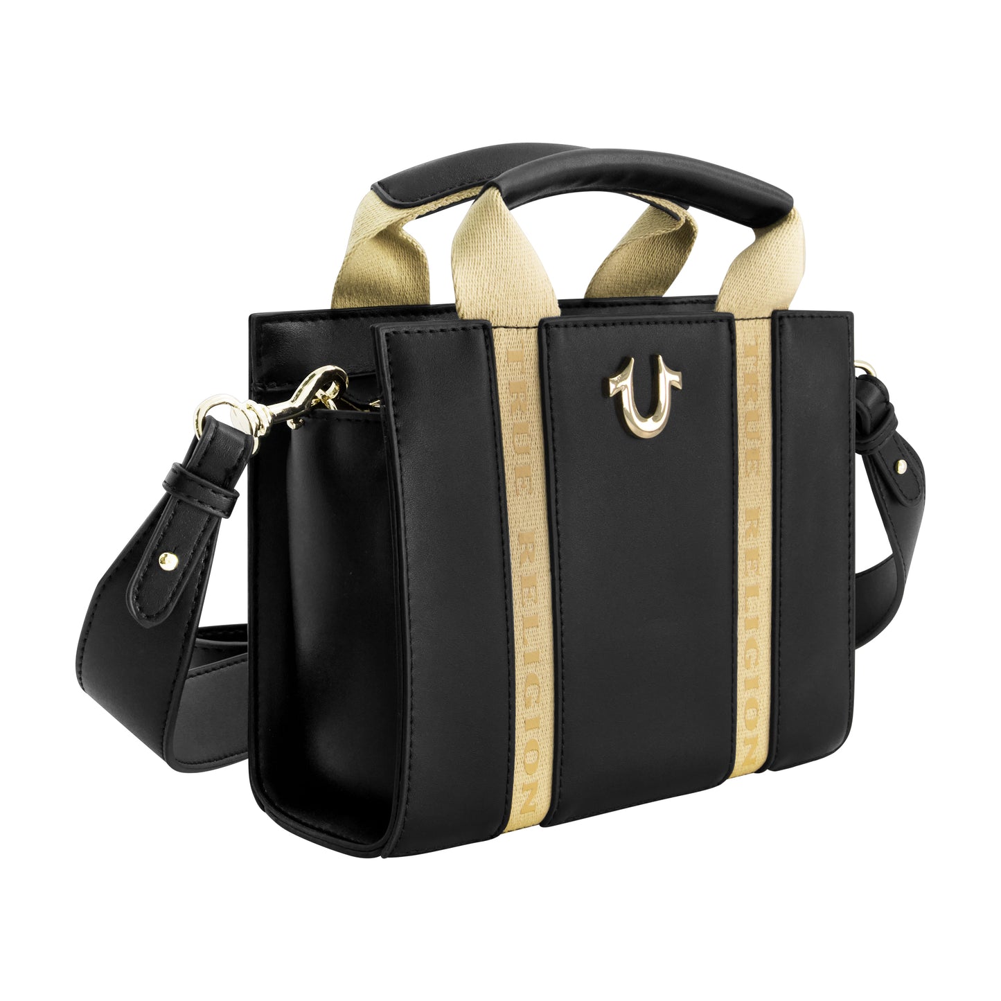 True Religion Licensed Faux Leather Mini Tote Bag with Branded Straps, BLACK