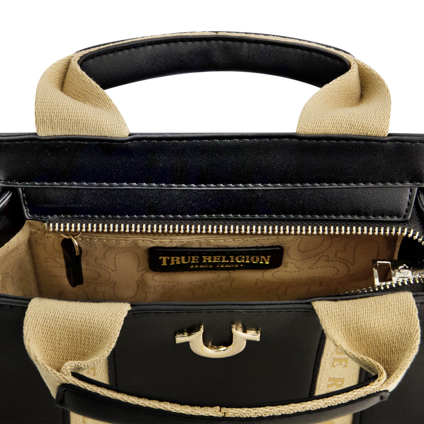 True Religion Licensed Faux Leather Mini Tote Bag with Branded Straps, BLACK