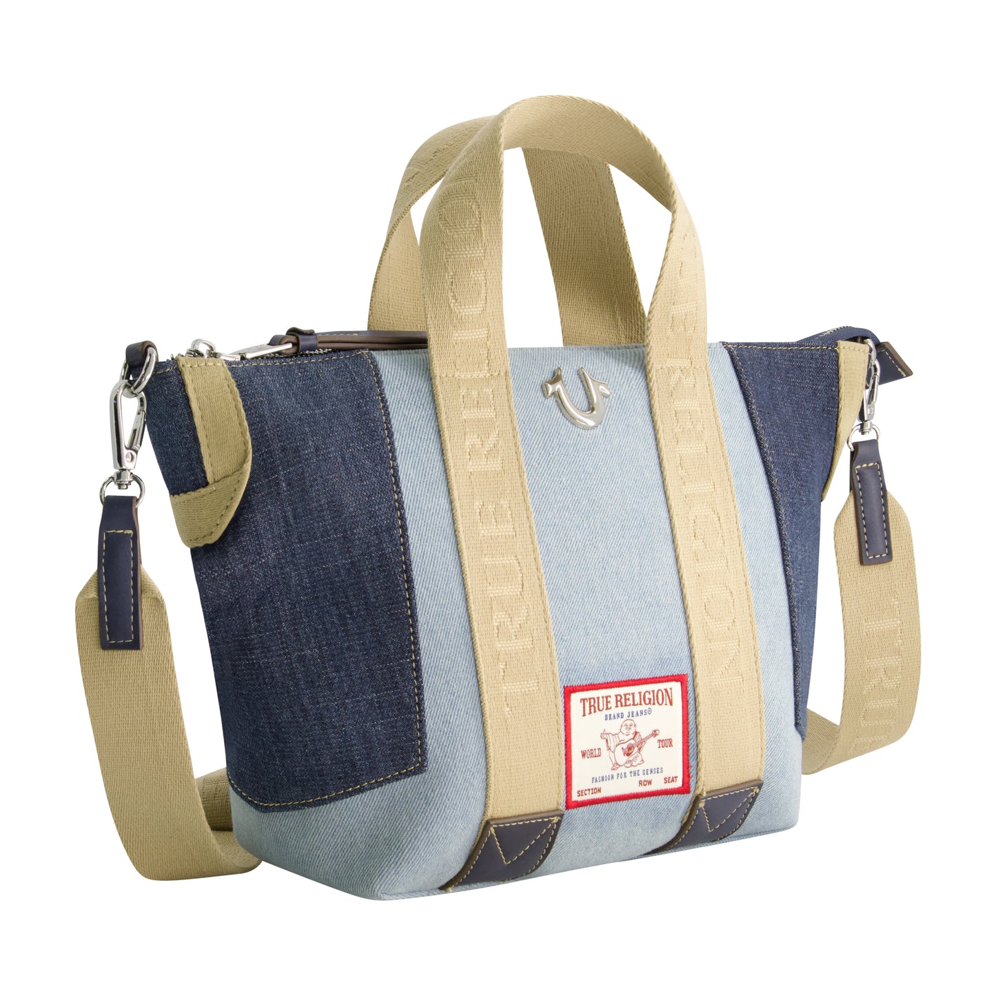 True Religion Licensed Patchwork Denim Tote Bag with Adjustable Strap, DENIM/BLUE