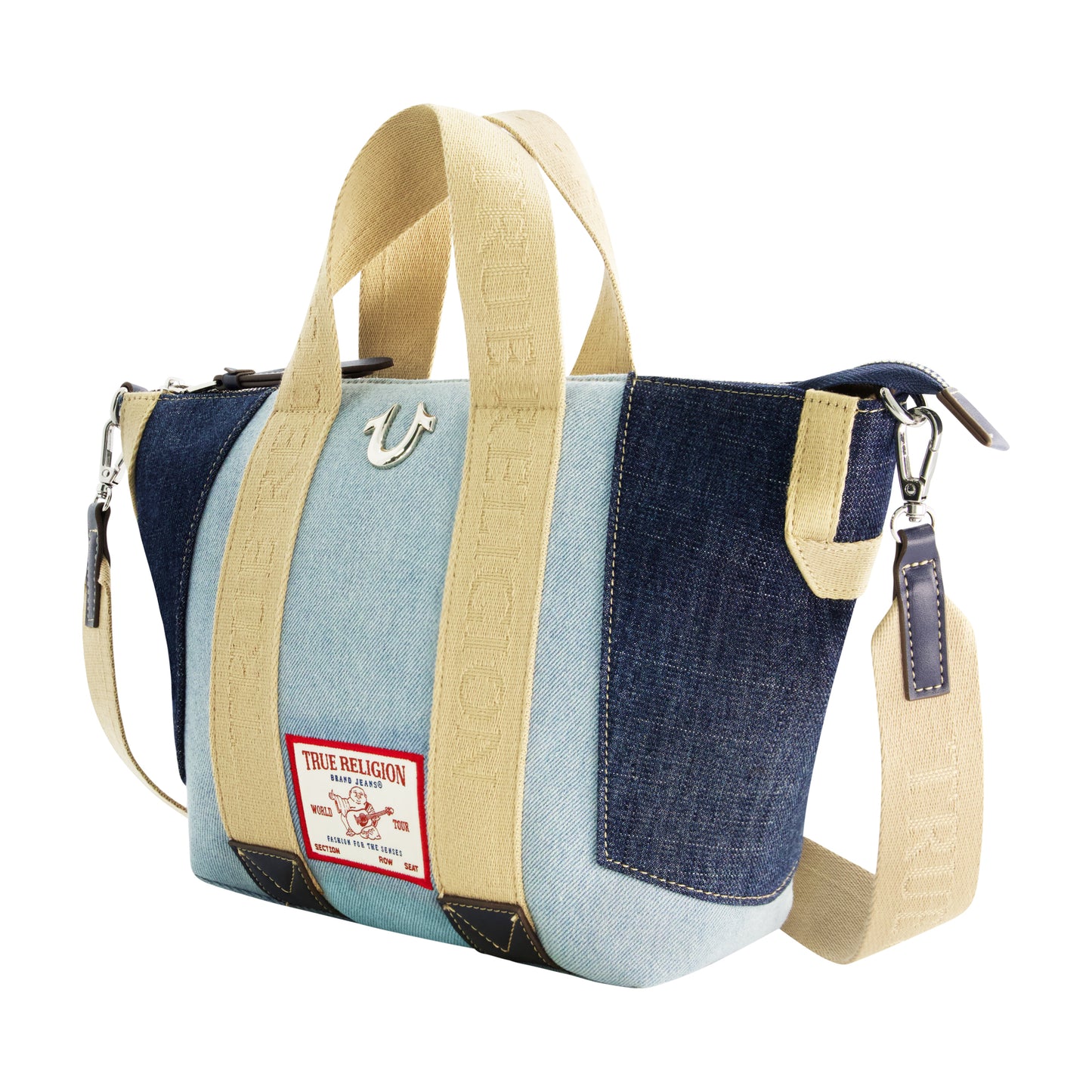 True Religion Licensed Patchwork Denim Tote Bag with Adjustable Strap, DENIM/BLUE