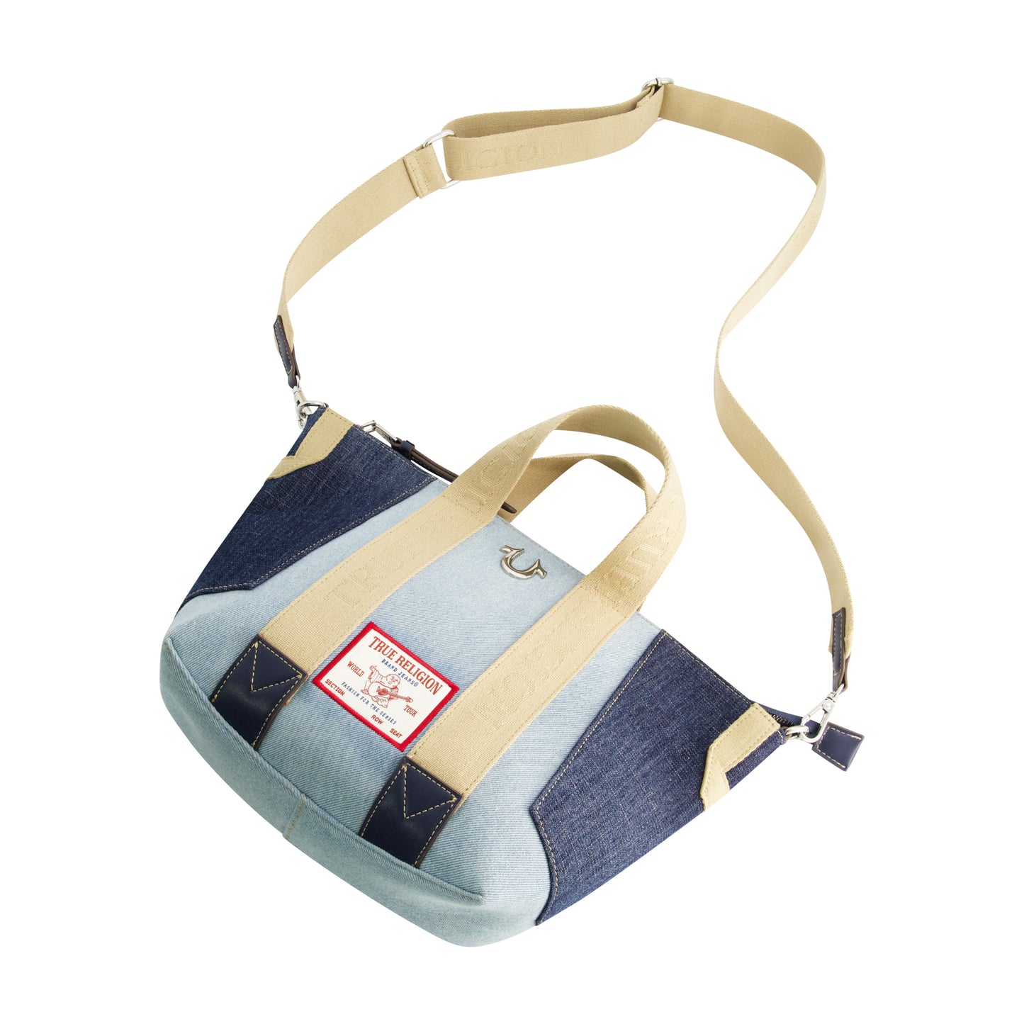 True Religion Licensed Patchwork Denim Tote Bag with Adjustable Strap, DENIM/BLUE