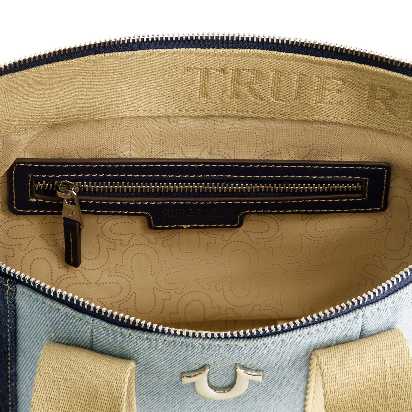 True Religion Licensed Patchwork Denim Tote Bag with Adjustable Strap, DENIM/BLUE