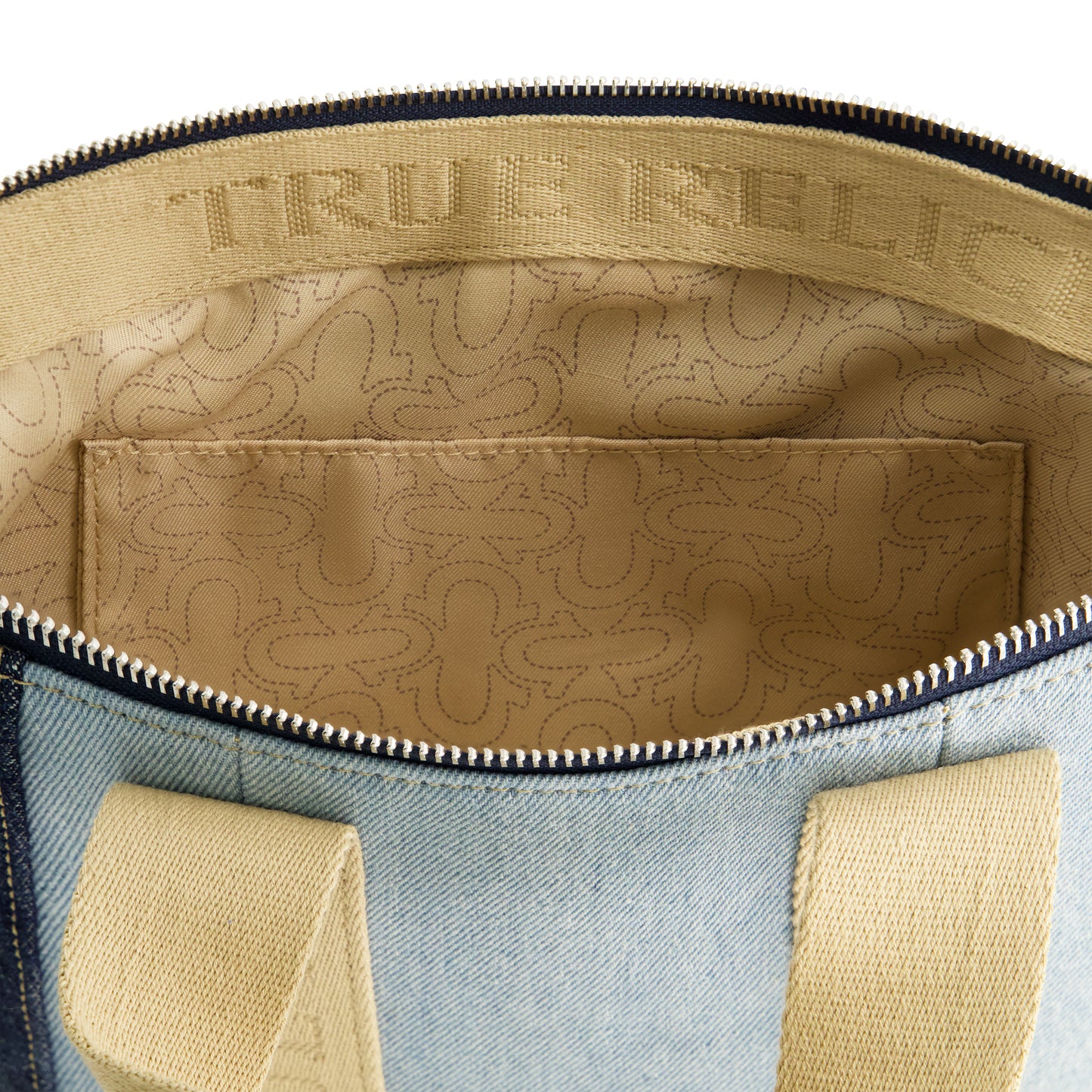 True Religion Licensed Patchwork Denim Tote Bag with Adjustable Strap, DENIM/BLUE