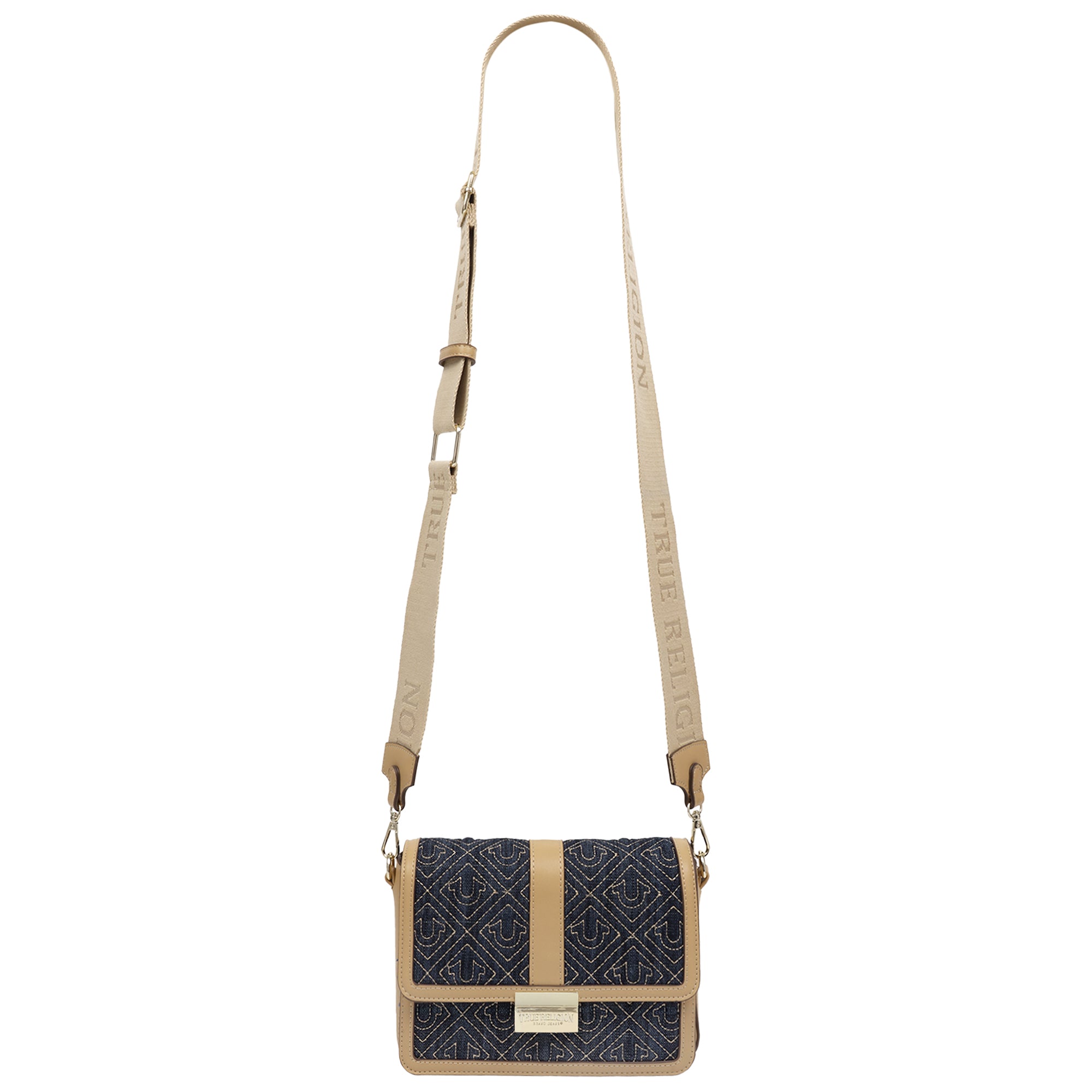 True Religion Logo Lock Modern Flap Denim Crossbody Bag