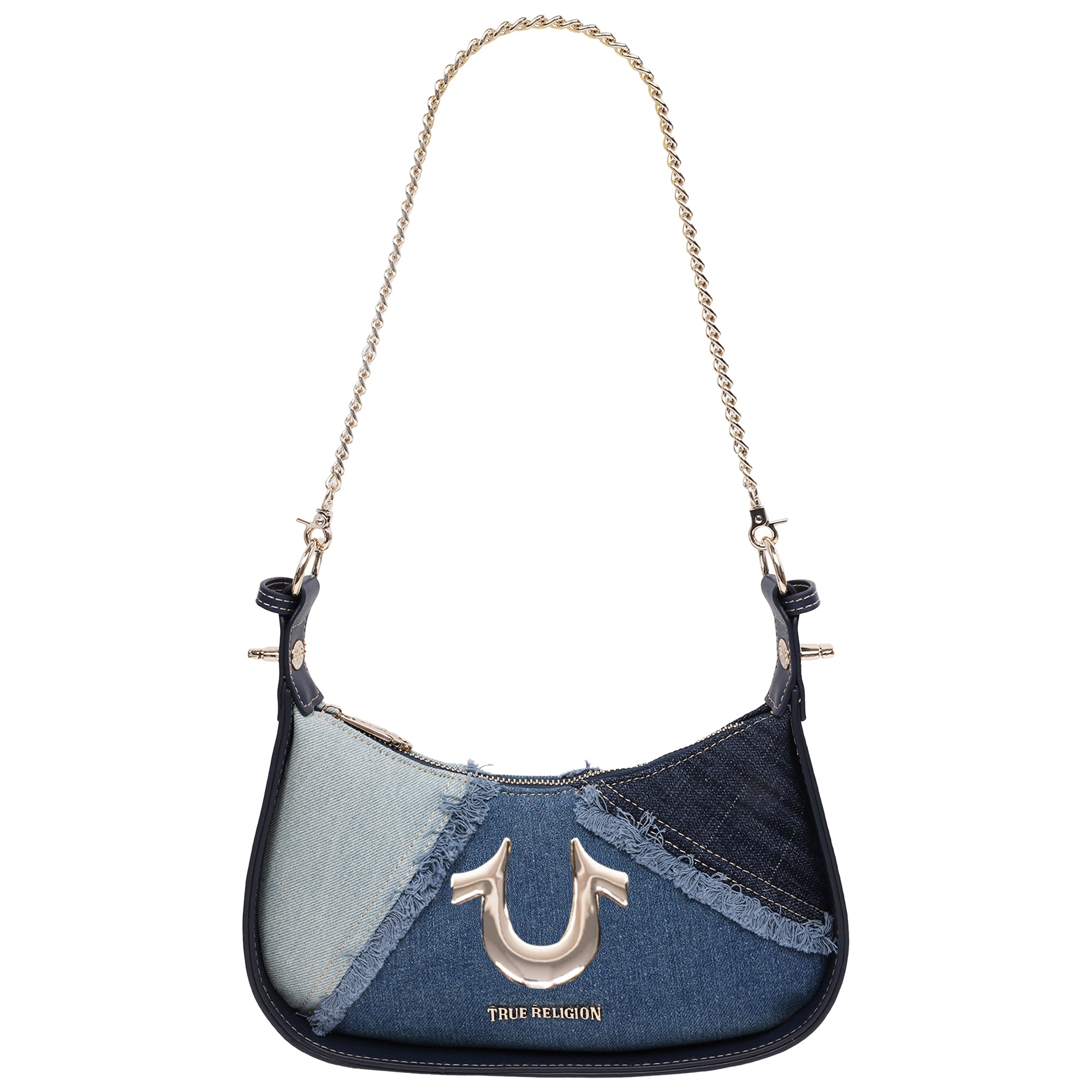 True Religion Frayed Denim Horseshoe Flap Shoulder Bag