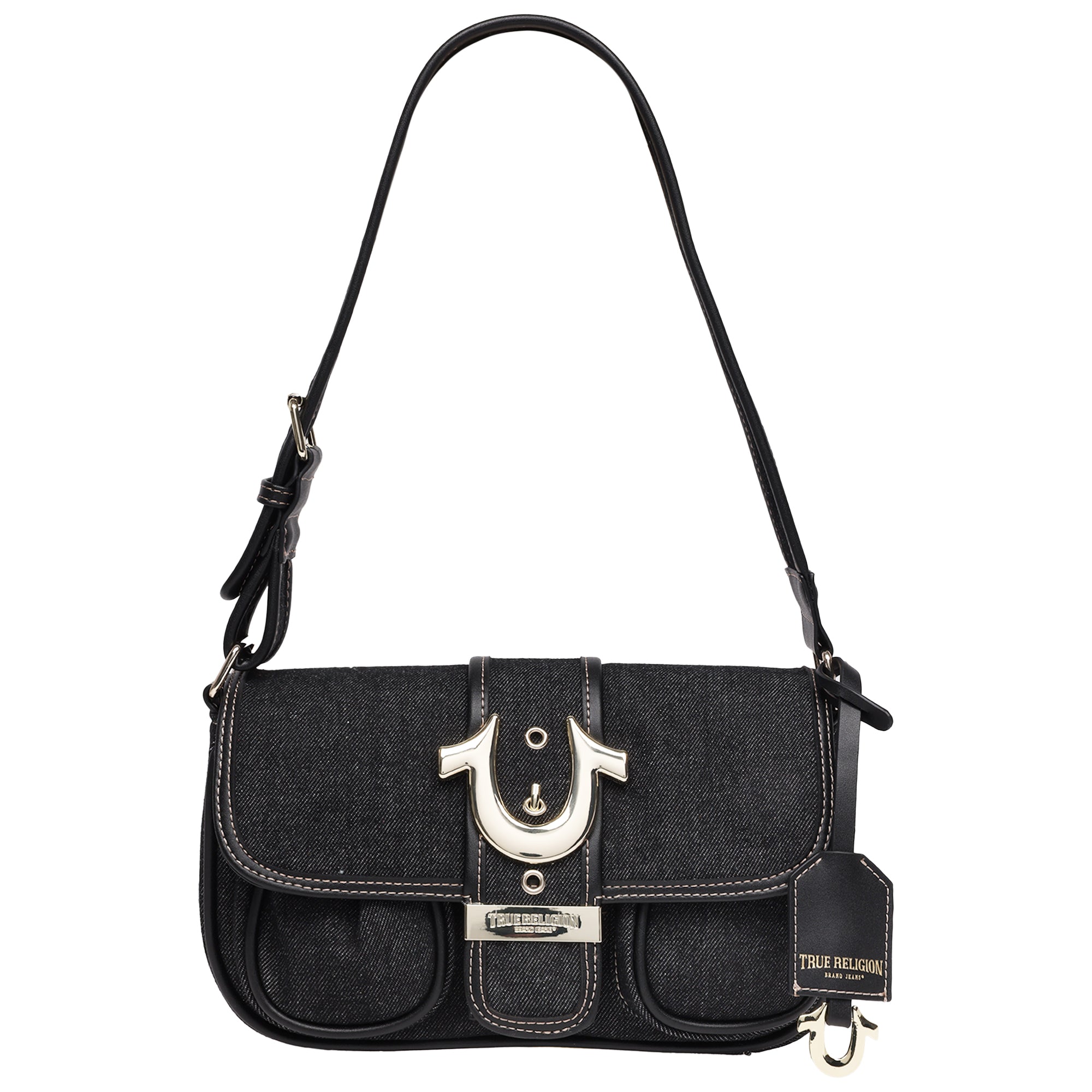 True Religion Double Pocket Denim Satchel with Horseshoe Hardware