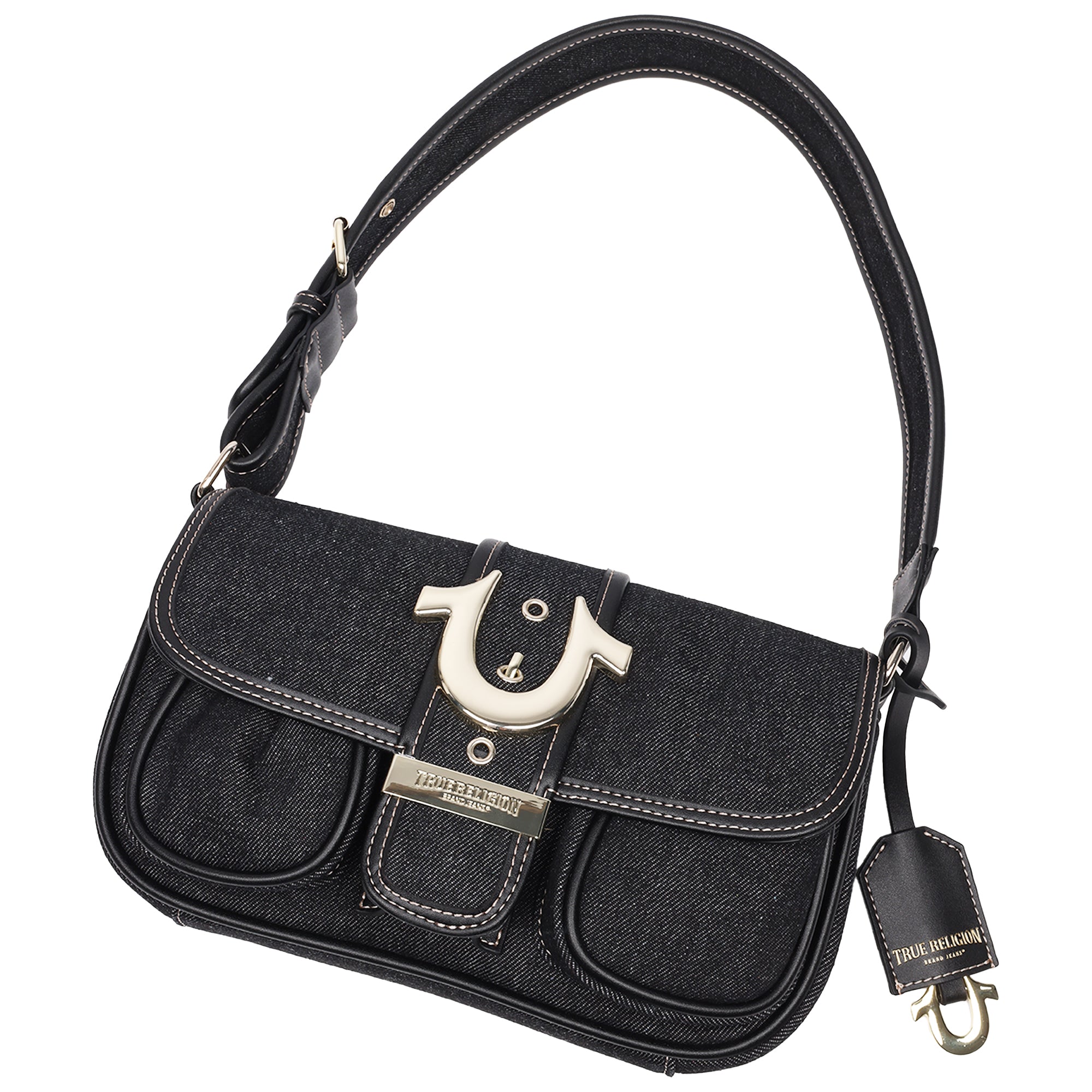 True Religion Double Pocket Denim Satchel with Horseshoe Hardware