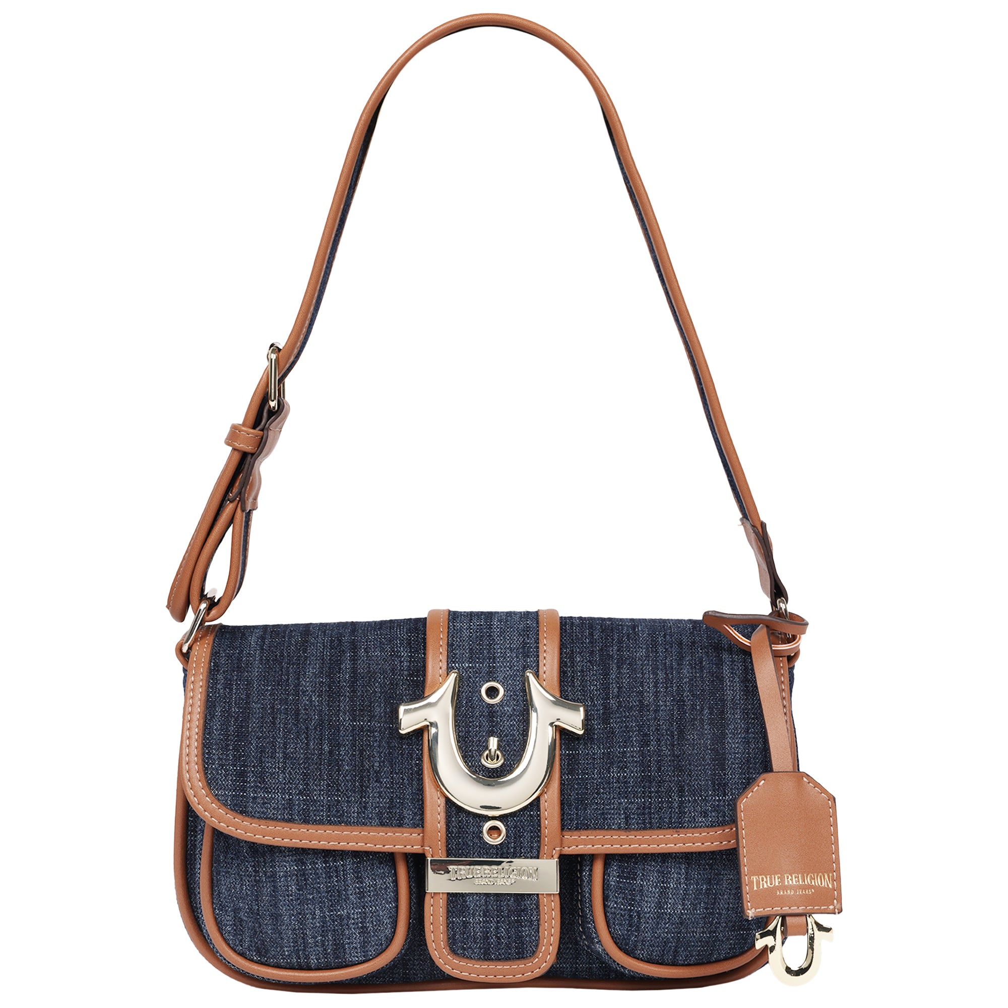 True Religion Double Pocket Denim Satchel with Horseshoe Hardware