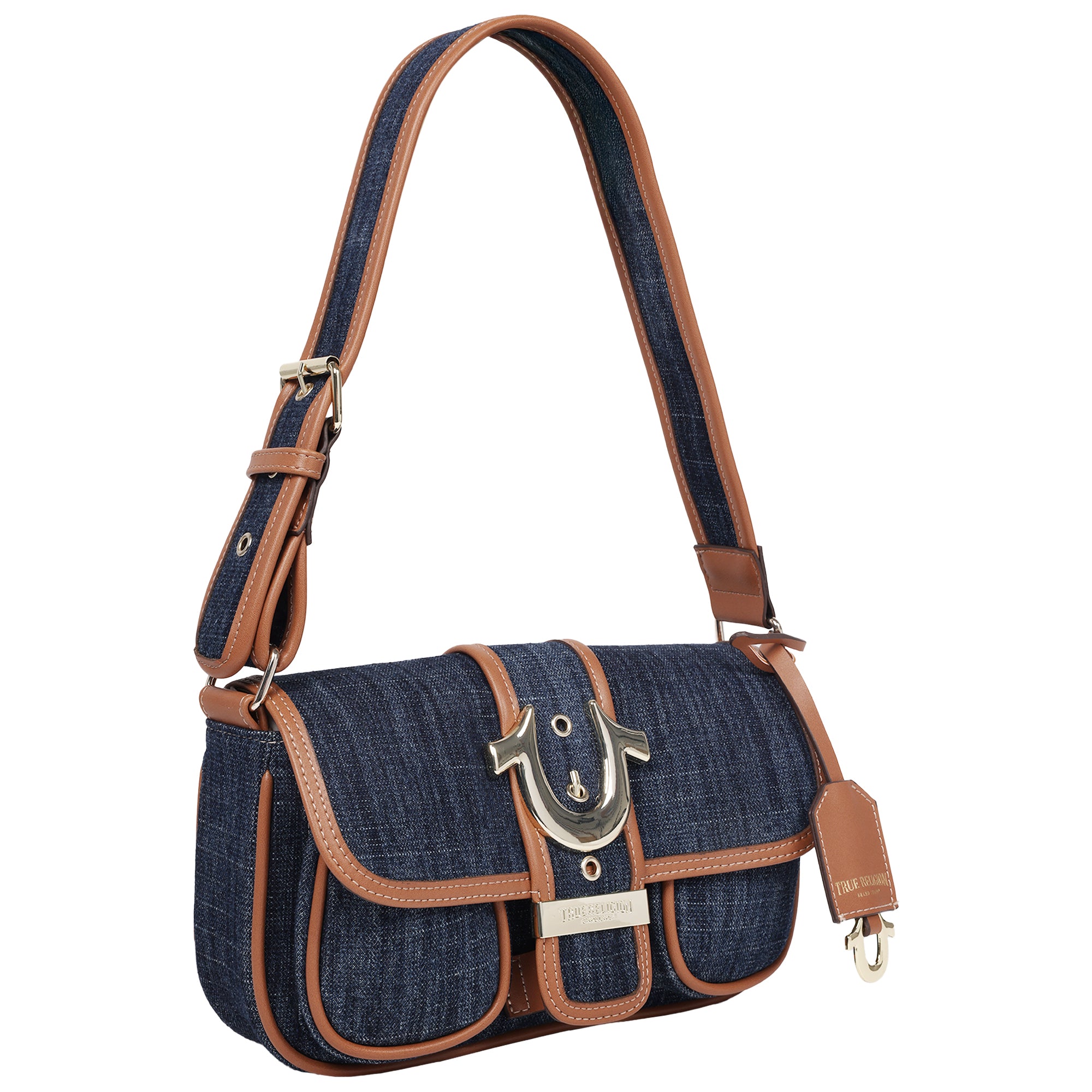 True Religion Double Pocket Denim Satchel with Horseshoe Hardware