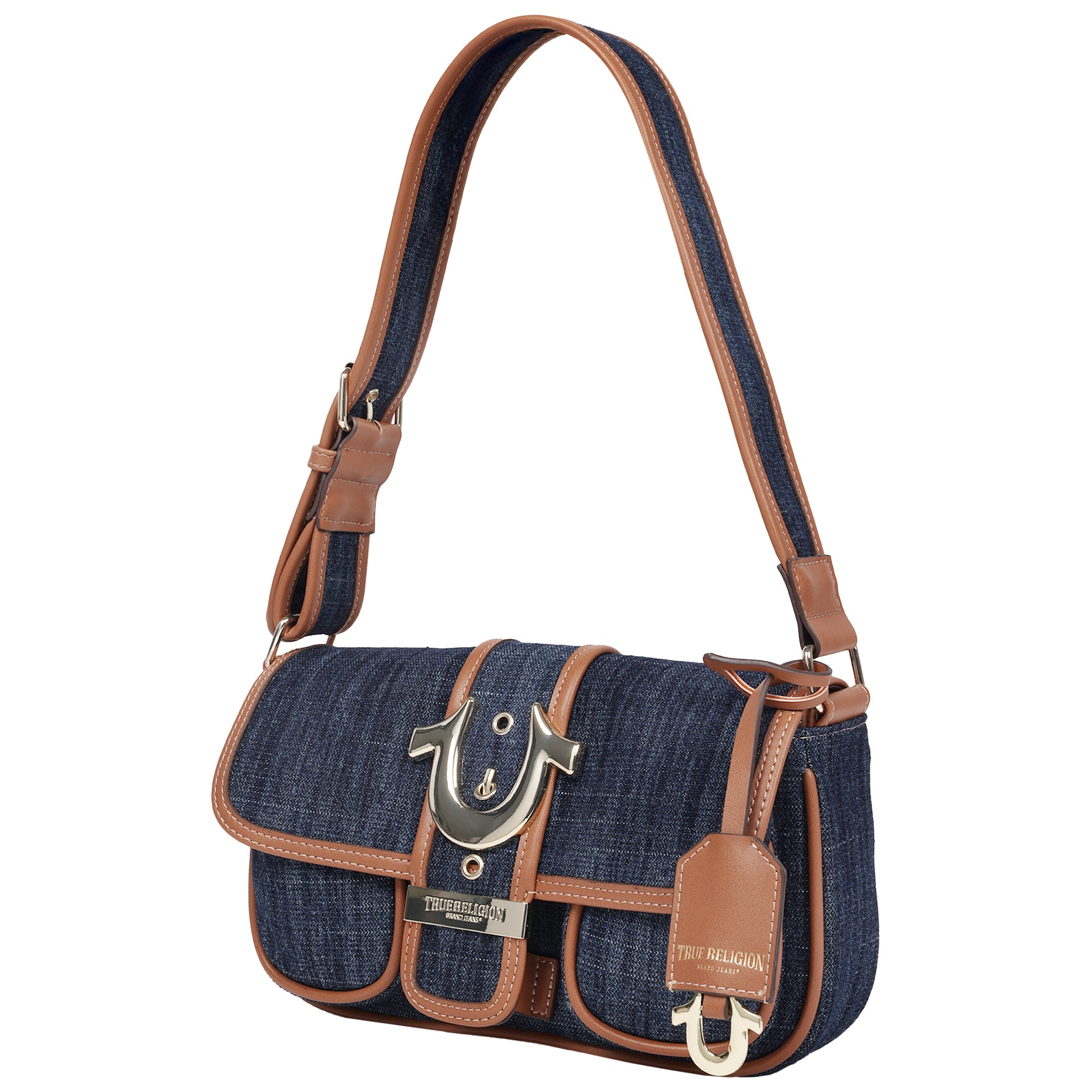 True Religion Double Pocket Denim Satchel with Horseshoe Hardware