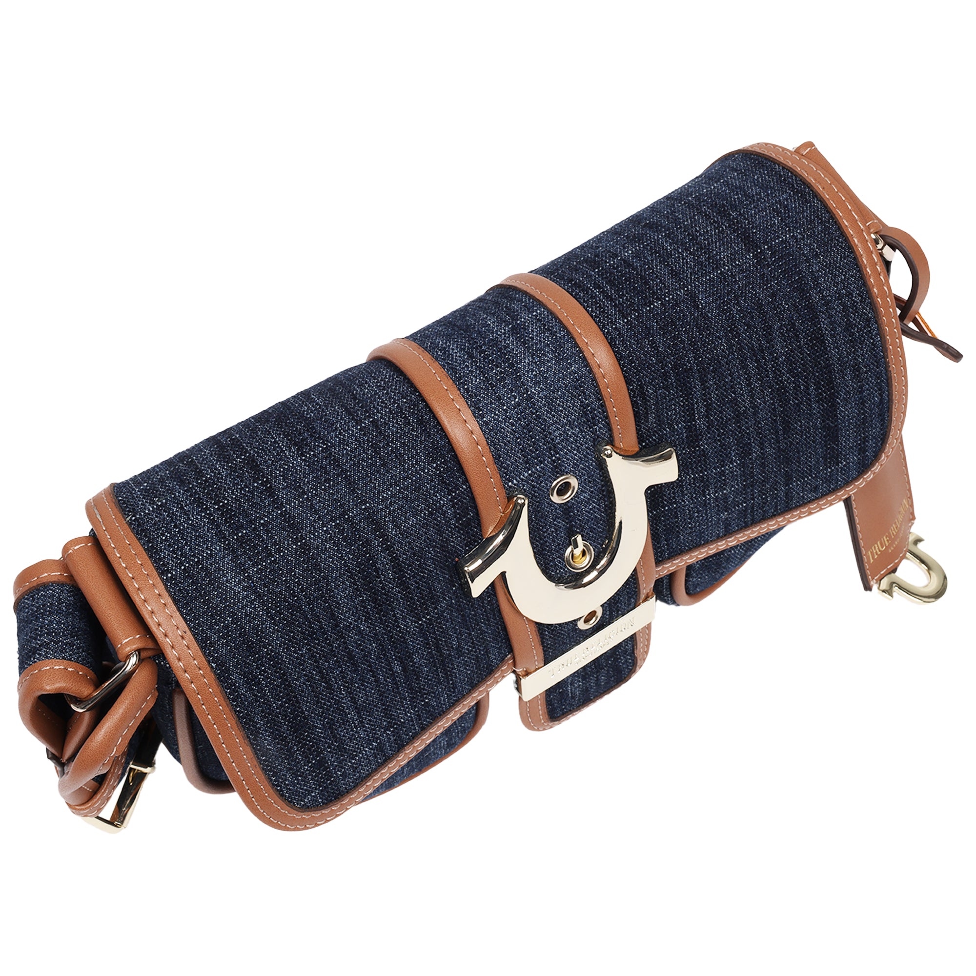 True Religion Double Pocket Denim Satchel with Horseshoe Hardware