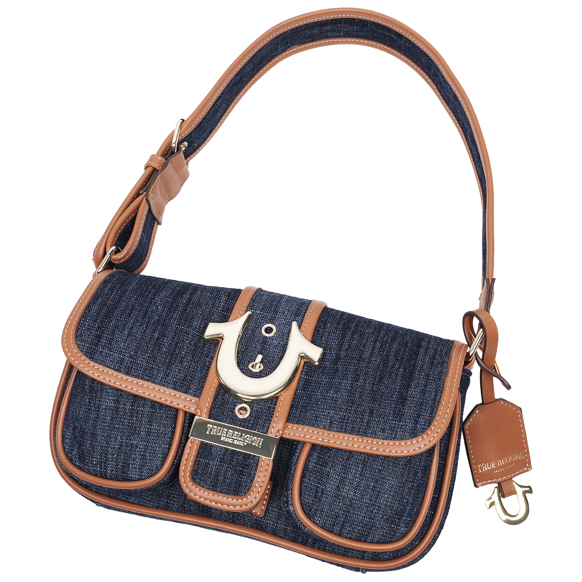 True Religion Double Pocket Denim Satchel with Horseshoe Hardware