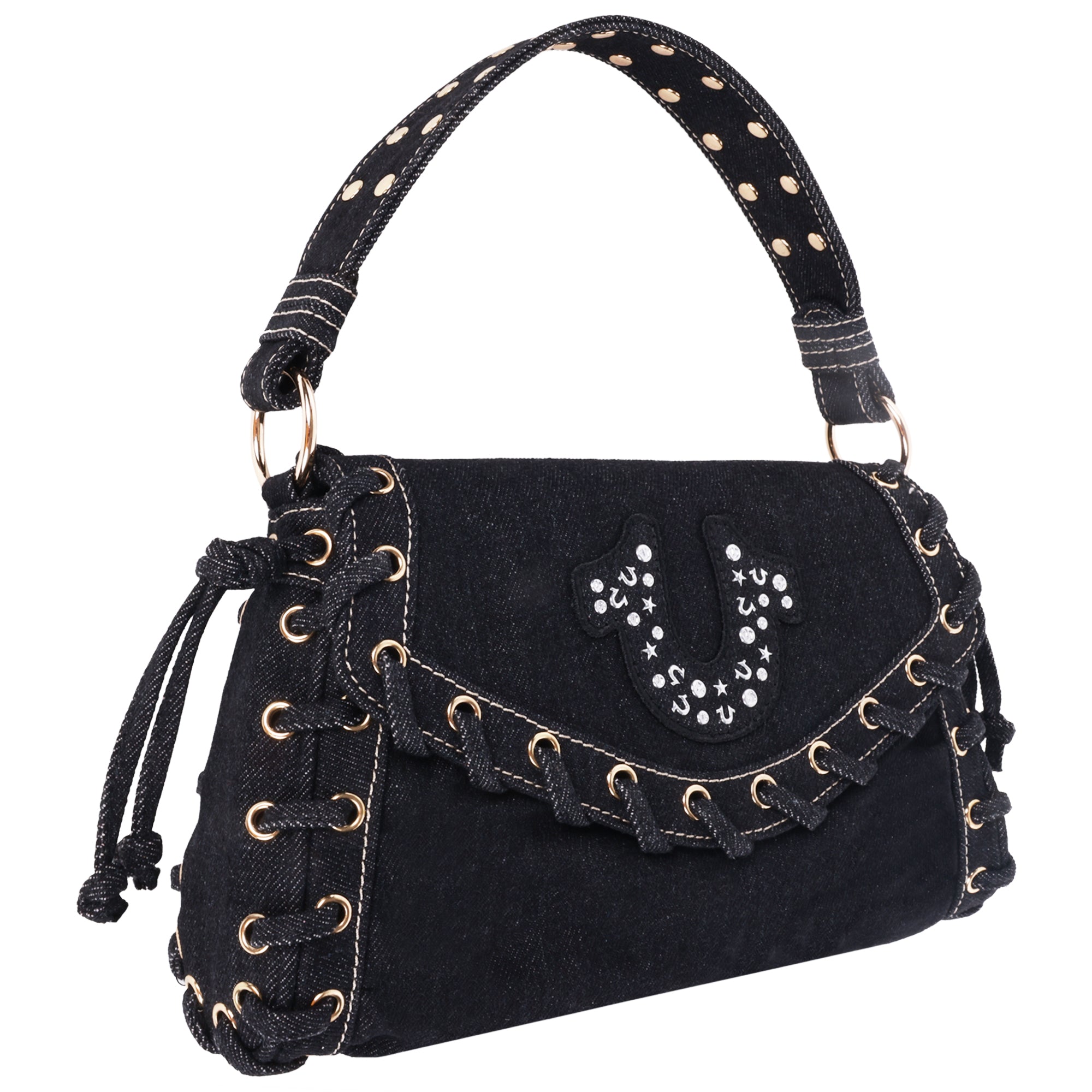True Religion Studded Horseshoe Eyelet Denim Flap Bag