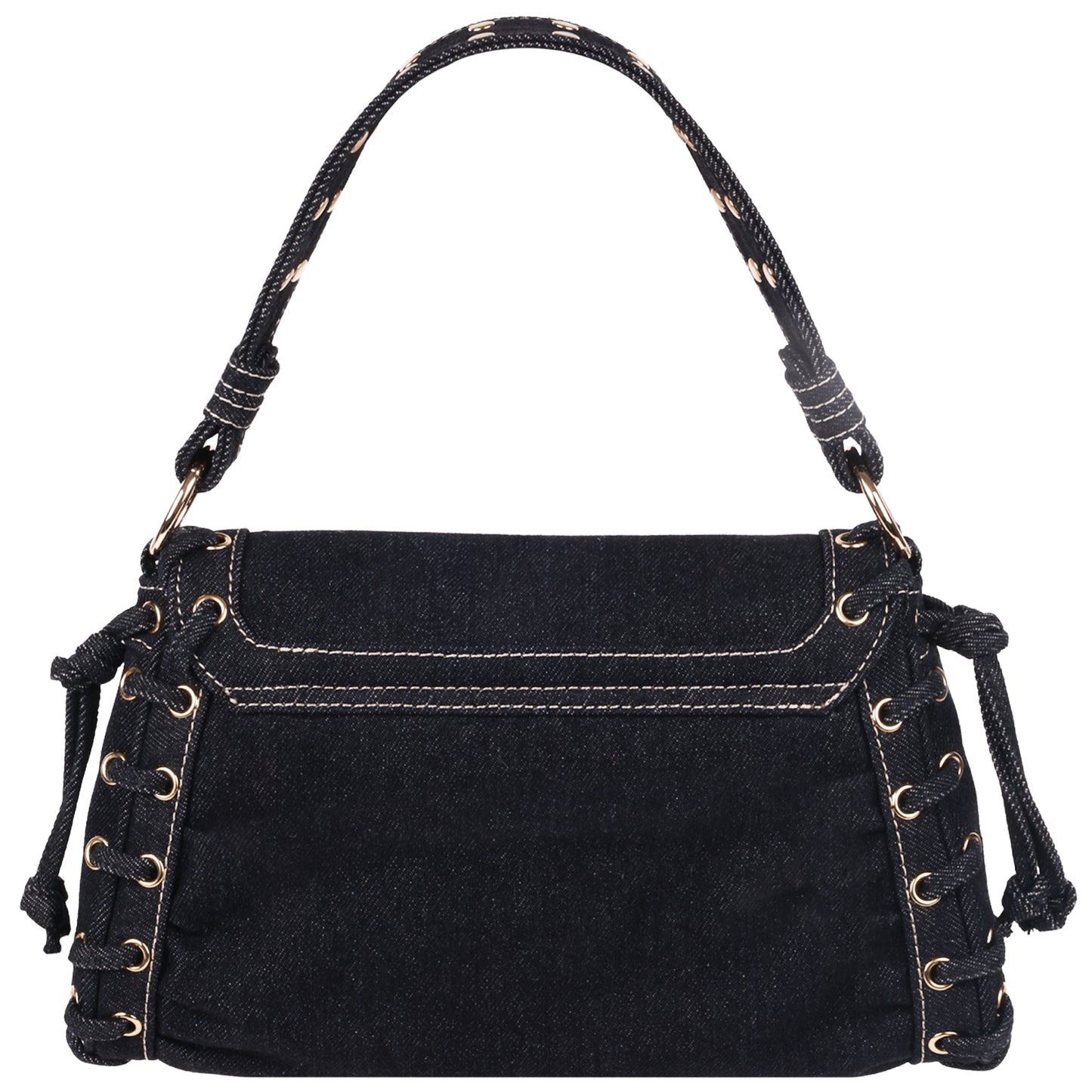 True Religion Studded Horseshoe Eyelet Denim Flap Bag