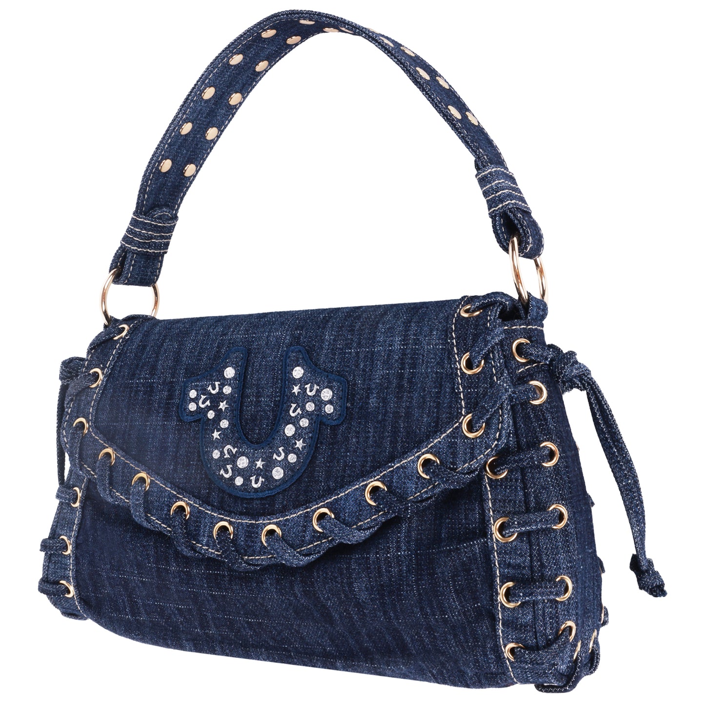 True Religion Studded Horseshoe Eyelet Denim Flap Bag