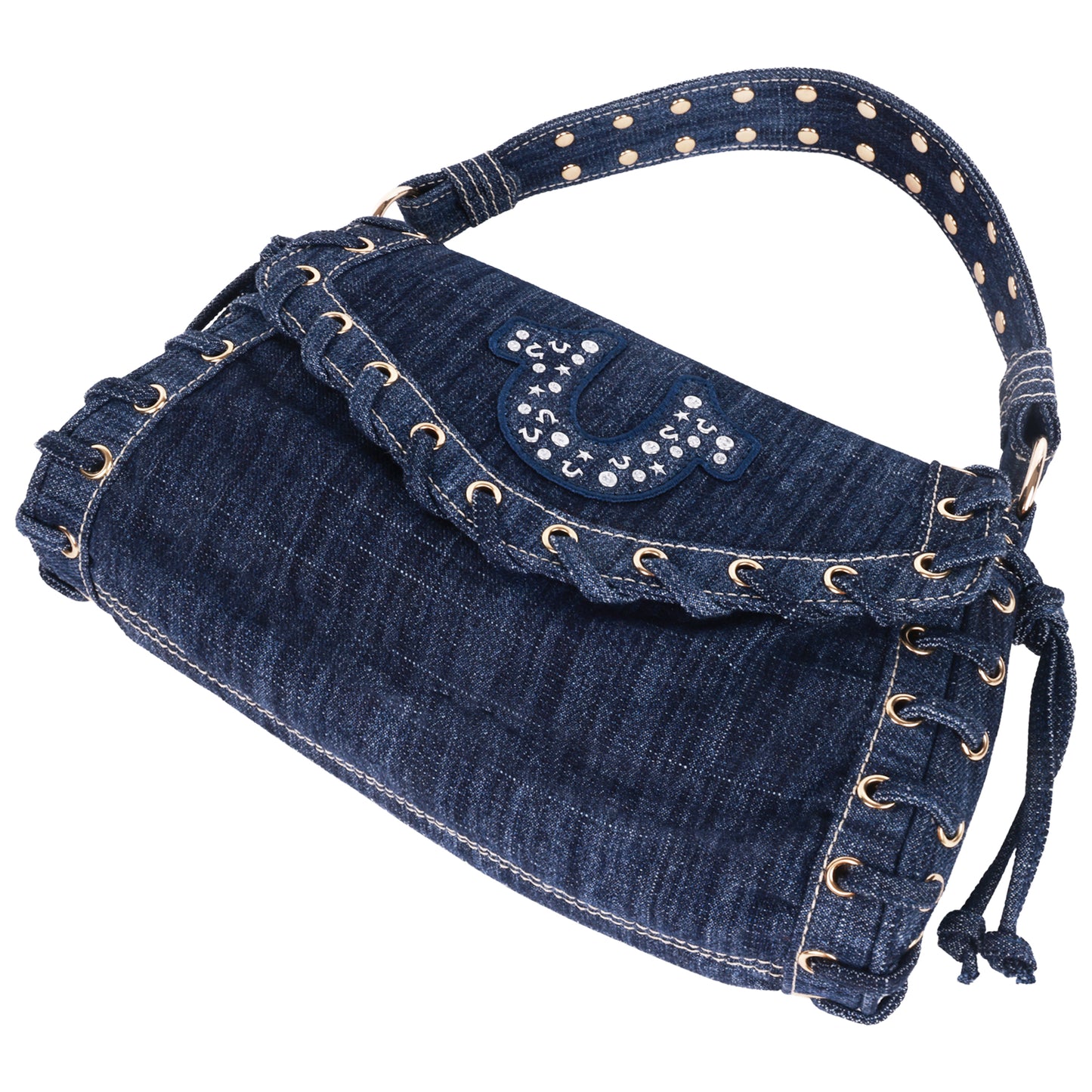 True Religion Studded Horseshoe Eyelet Denim Flap Bag