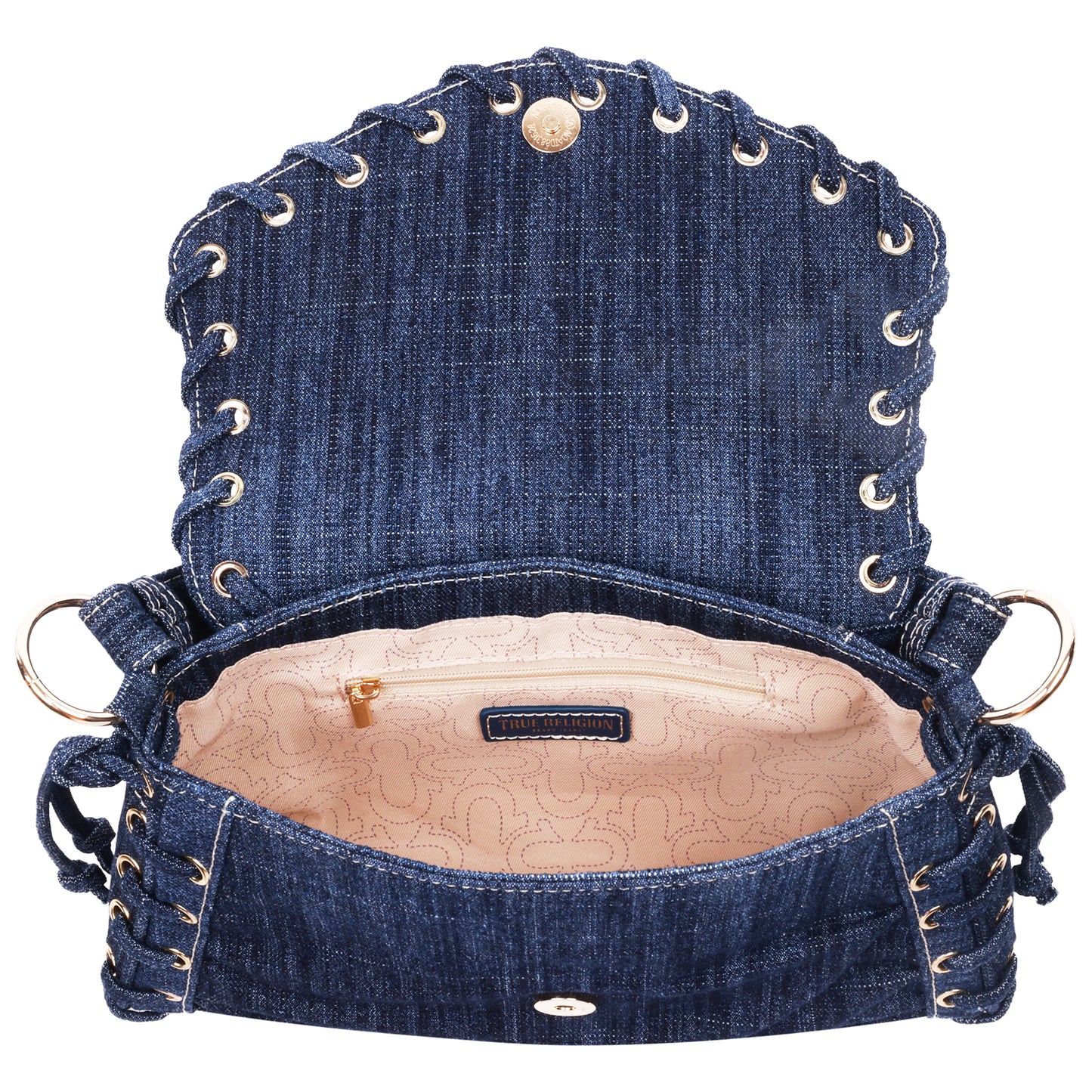 True Religion Studded Horseshoe Eyelet Denim Flap Bag