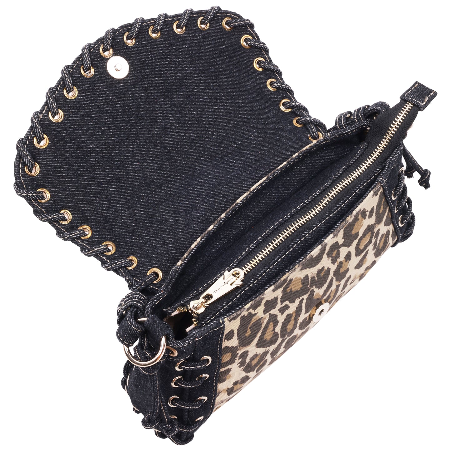 True Religion Denim Leopard Eyelet Trim Flap Bag
