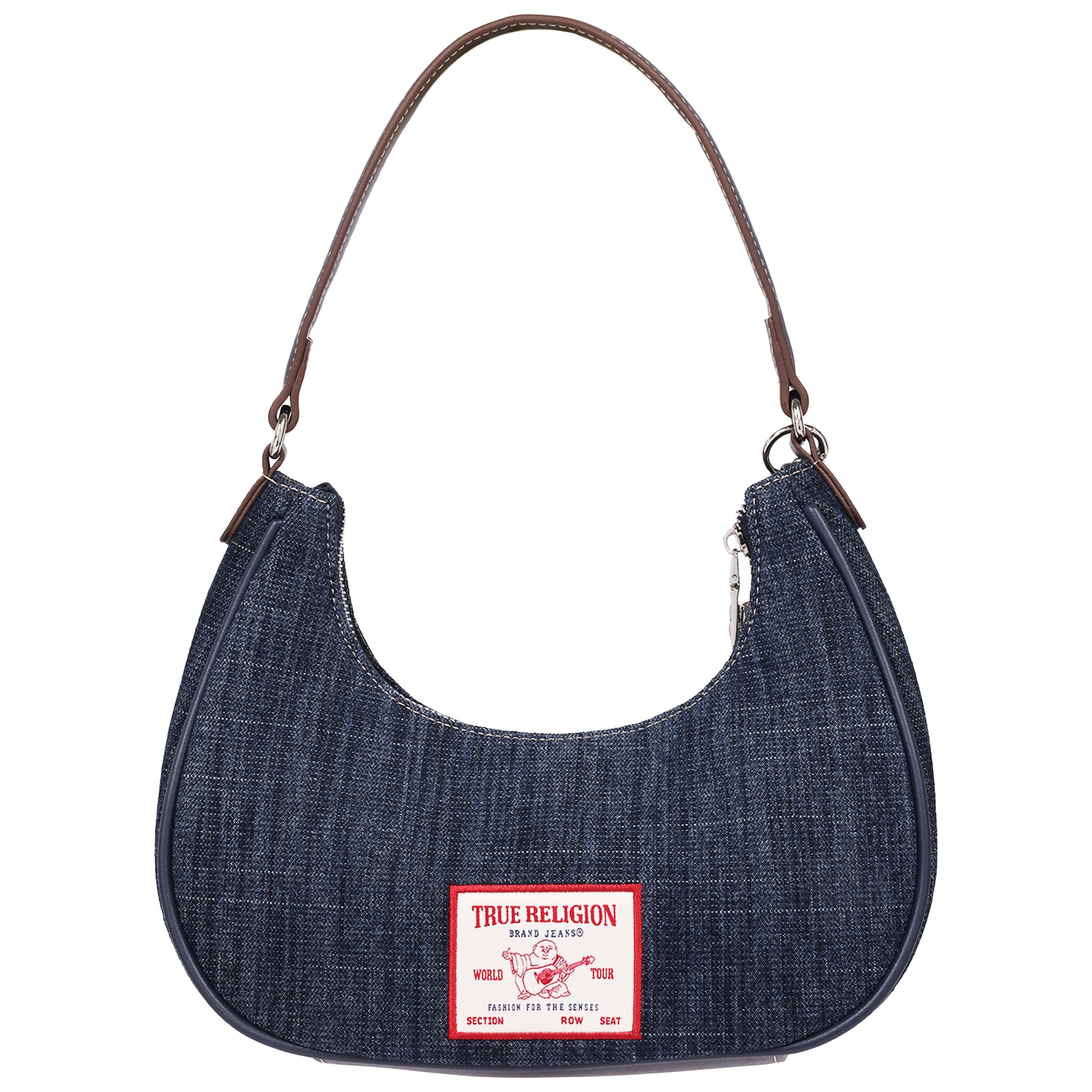 True Religion Wing Motif Denim Hobo Bag with Red Trim