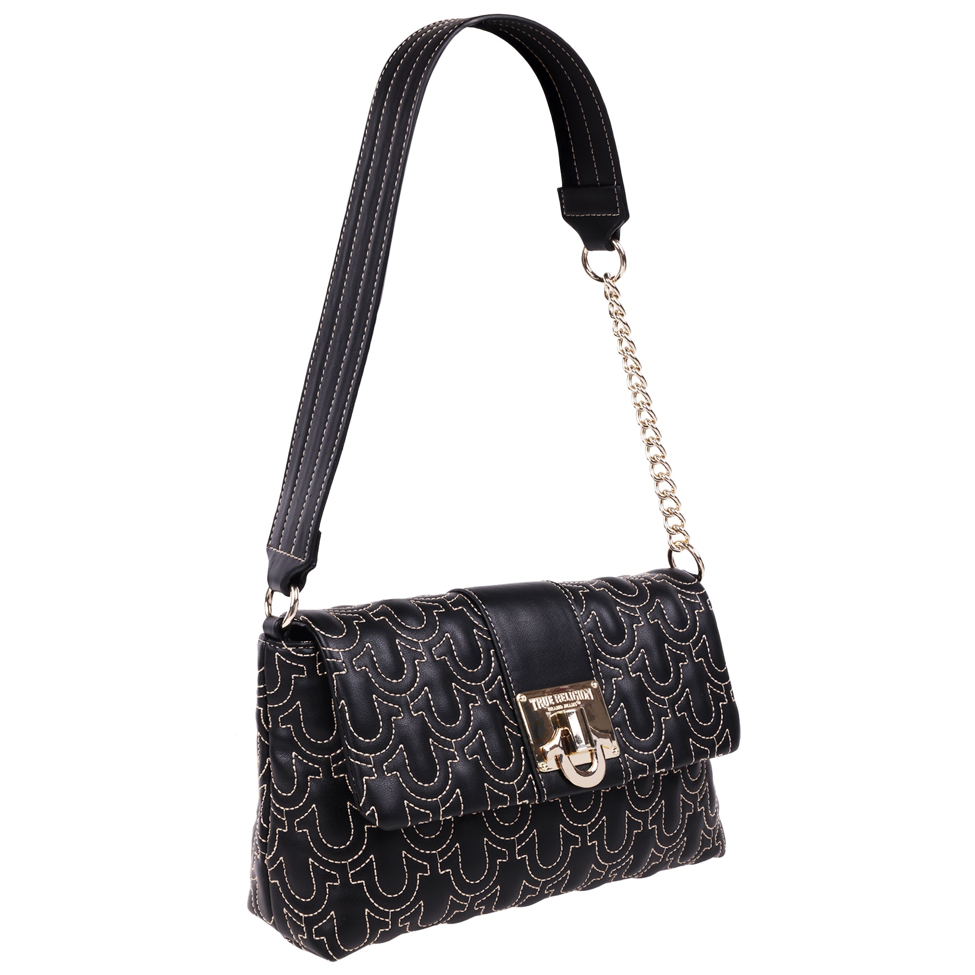 True Religion Horseshoe Quilt Logo Plaque Flap Shoulder Bag