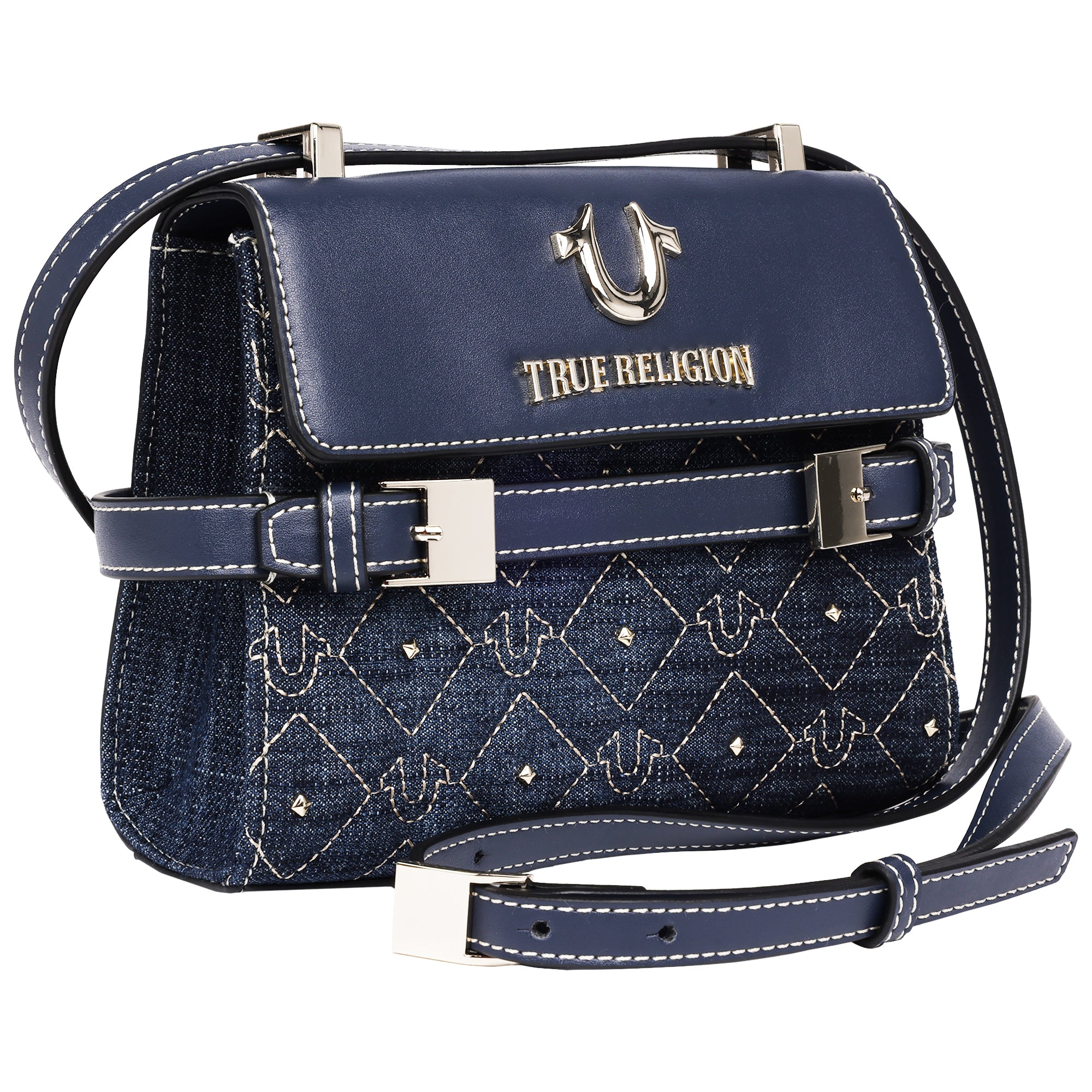 True Religion Studded Denim Flap Crossbody Bag