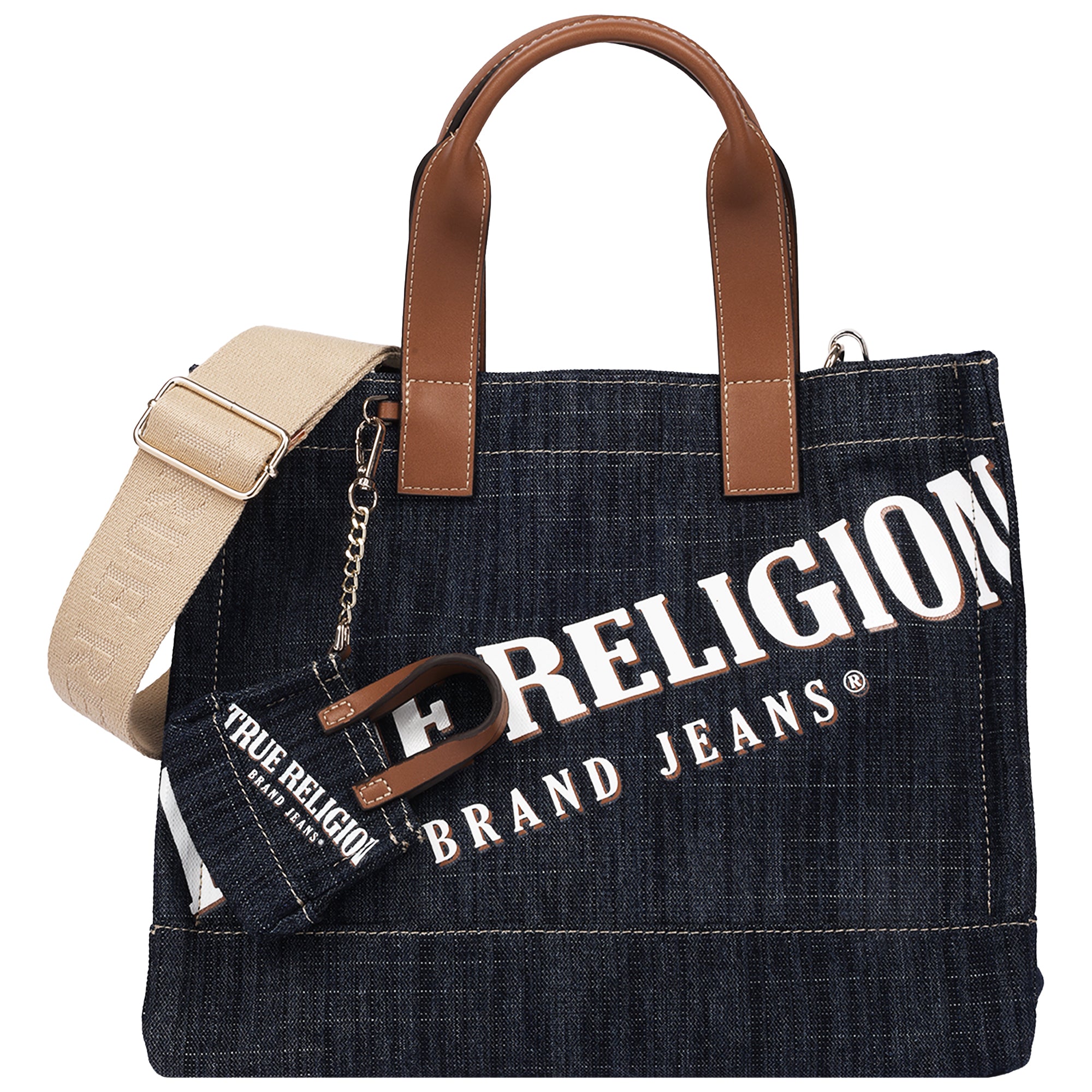 True Religion Medium Logo Denim Tote with Tote Dangle Charm