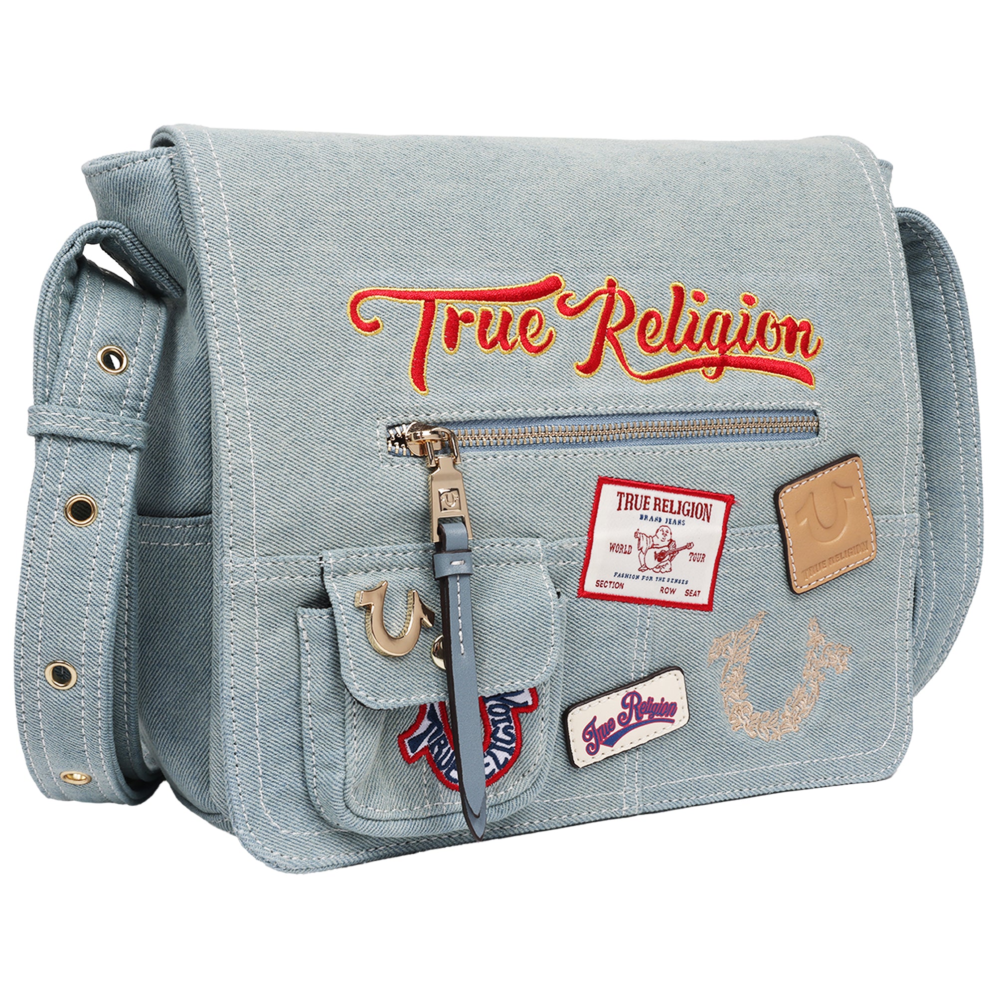 True Religion Multi Patch Denim Messenger Bag