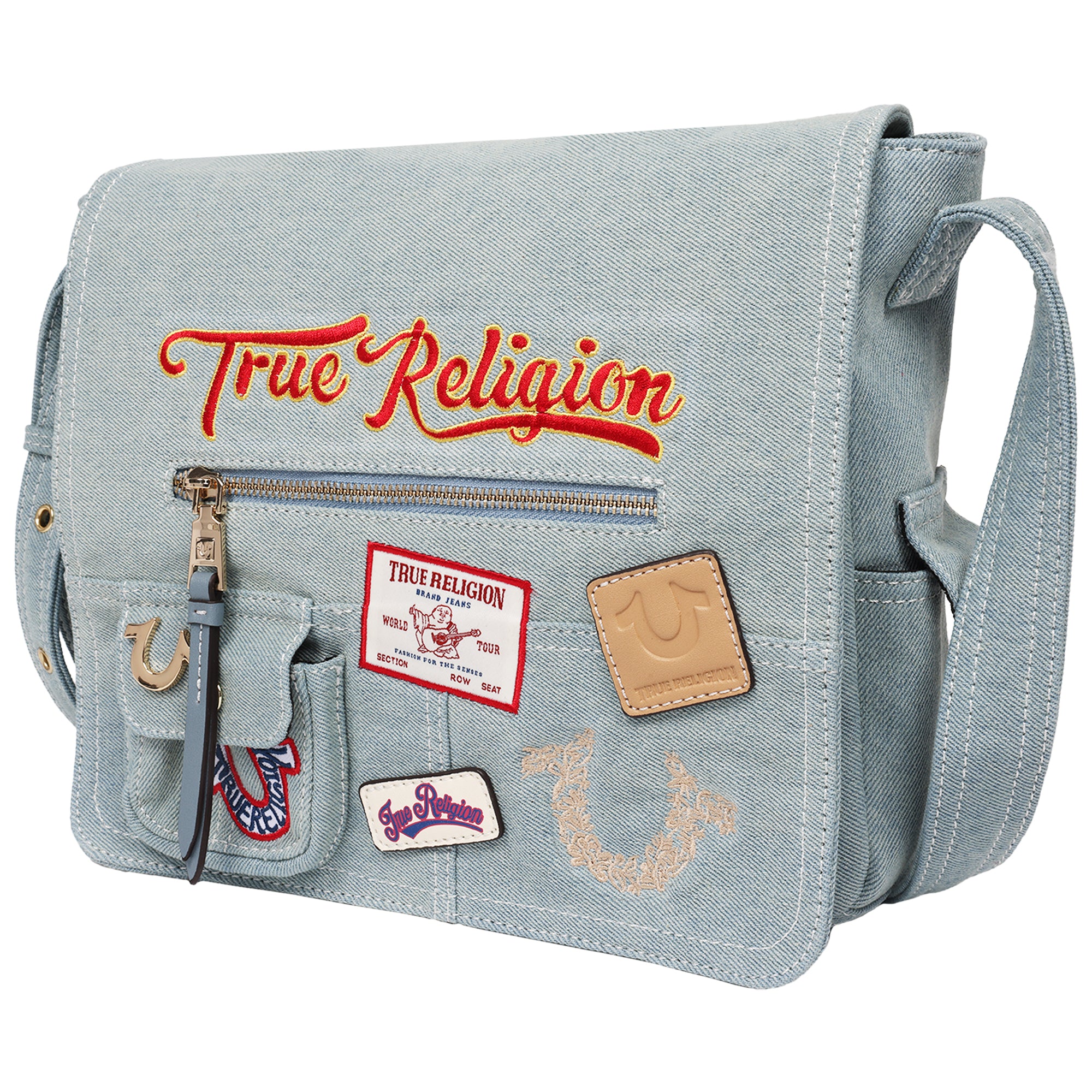 True Religion Multi Patch Denim Messenger Bag