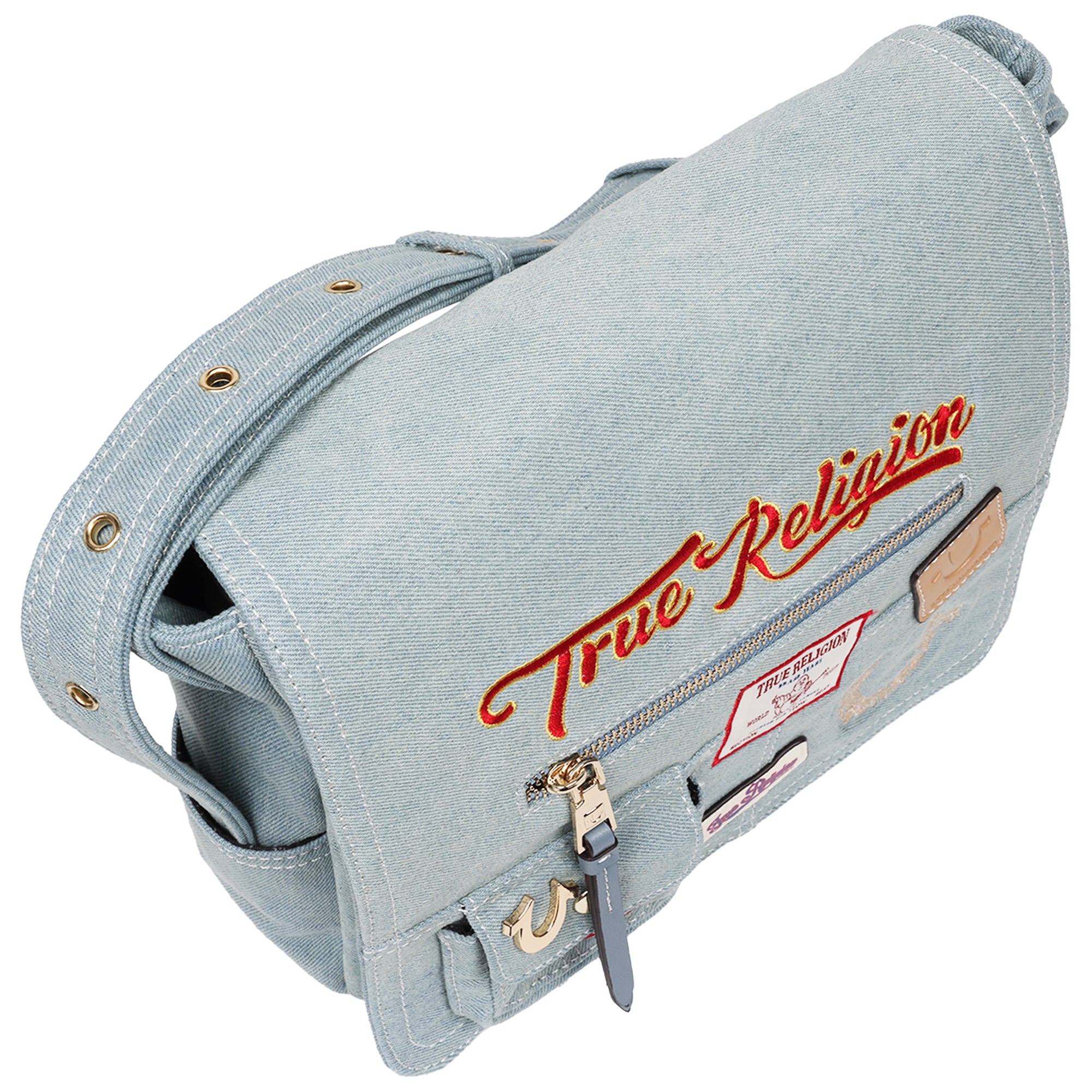 True Religion Multi Patch Denim Messenger Bag