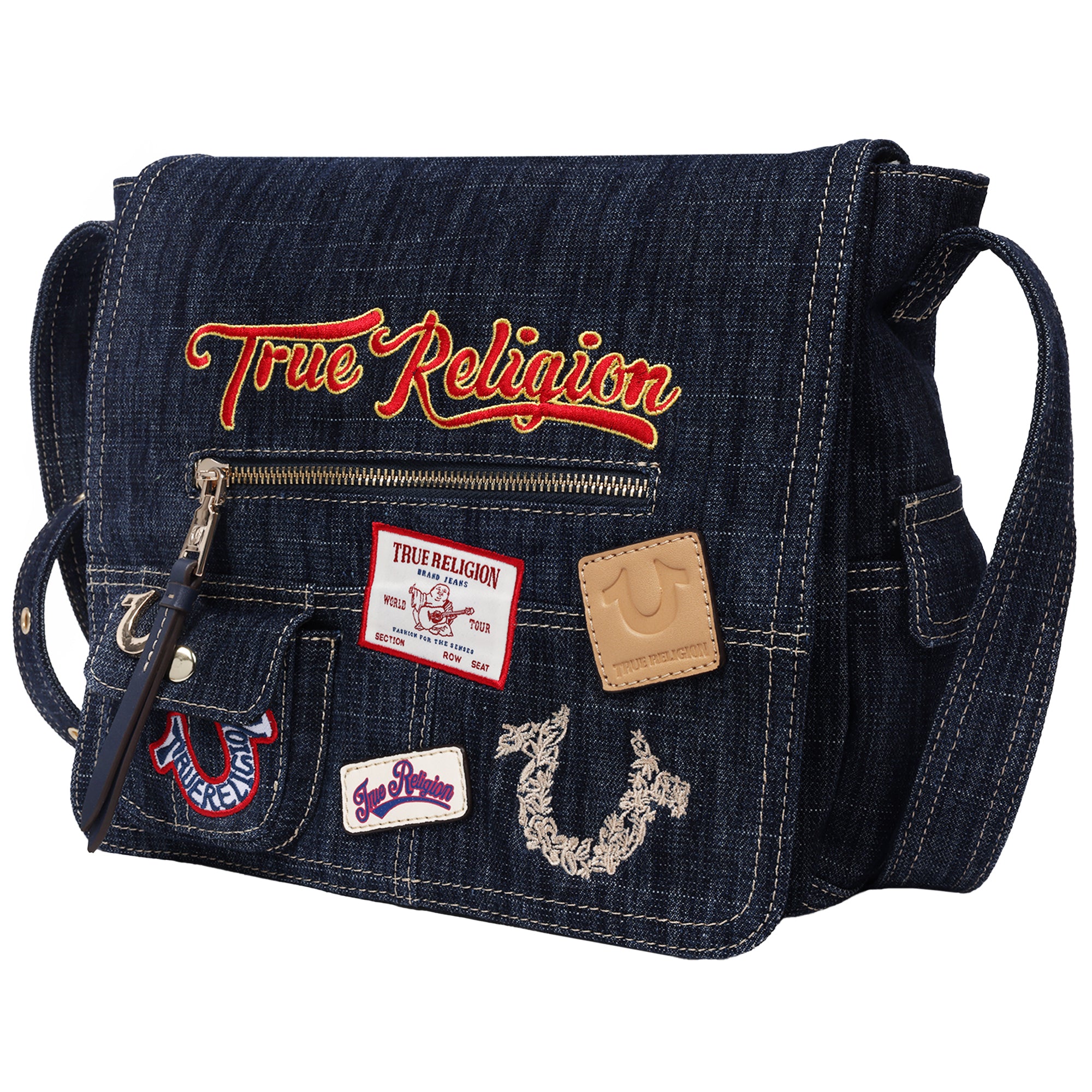 True Religion Multi Patch Denim Messenger Bag