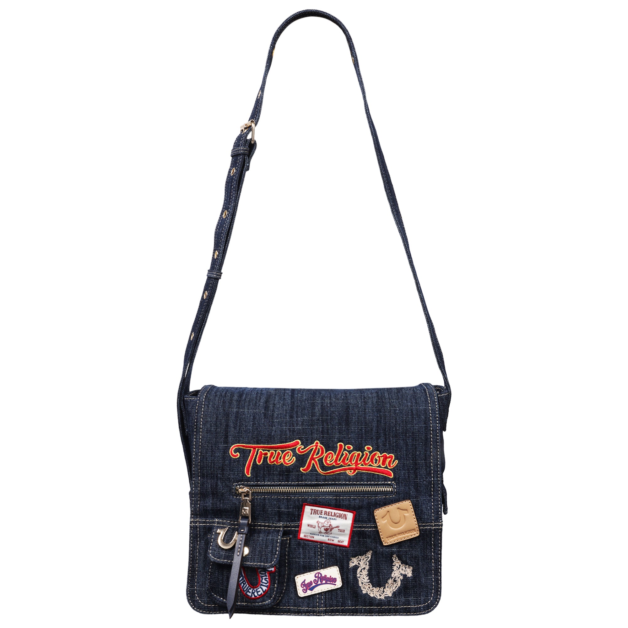 True Religion Multi Patch Denim Messenger Bag