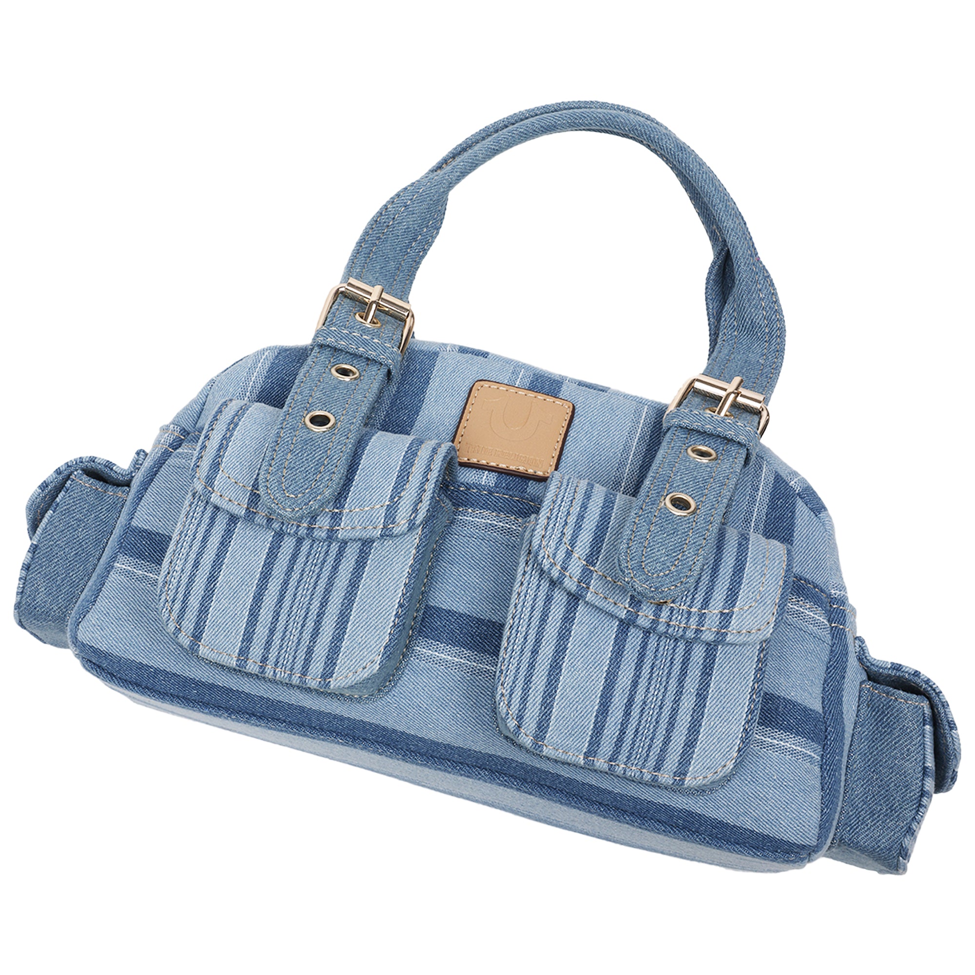 True Religion Multi Stripe Soft Satchel – Denim Mini Handbag with Utility Pockets
