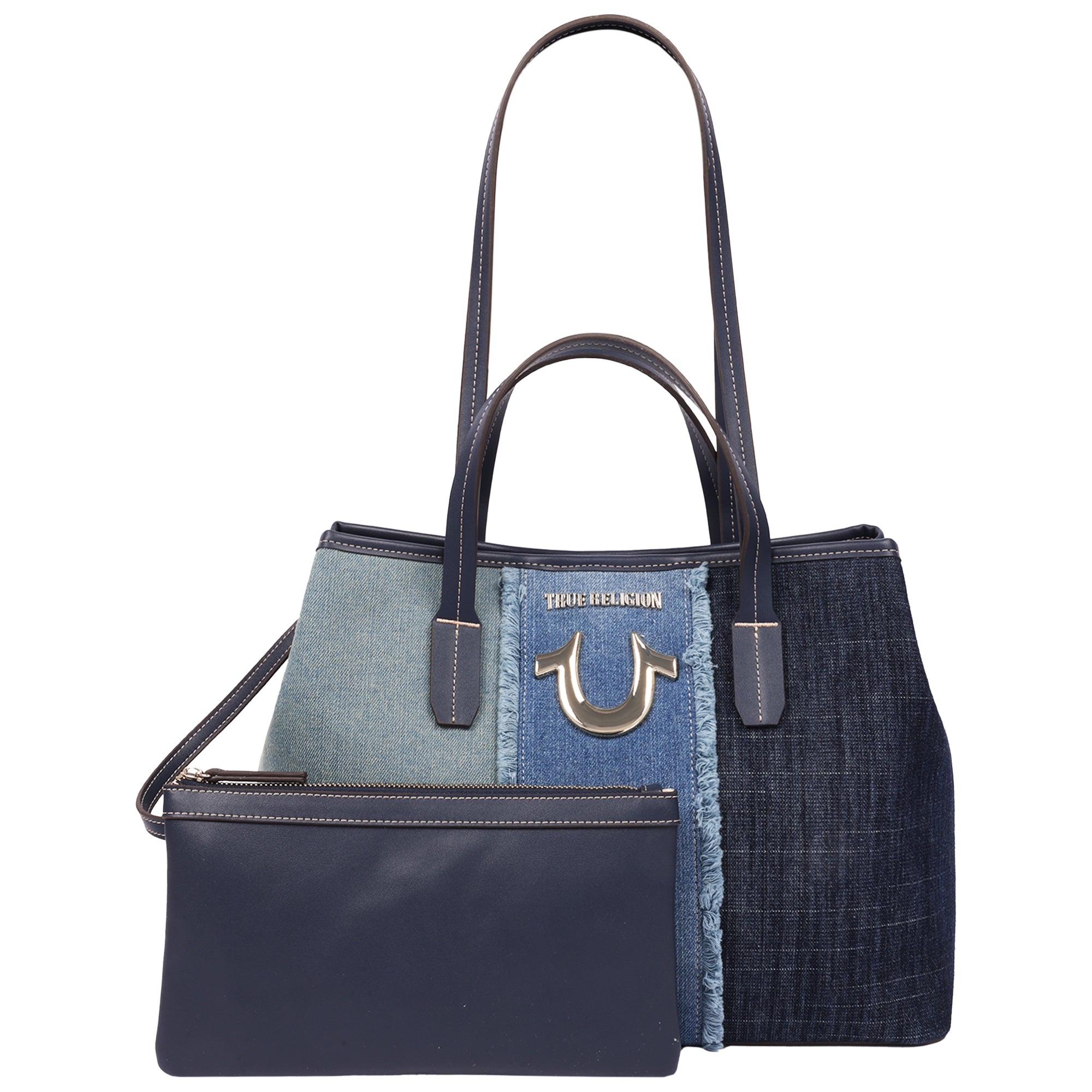 True Religion Frayed Denim Horseshoe Tote with Removable Wristlet