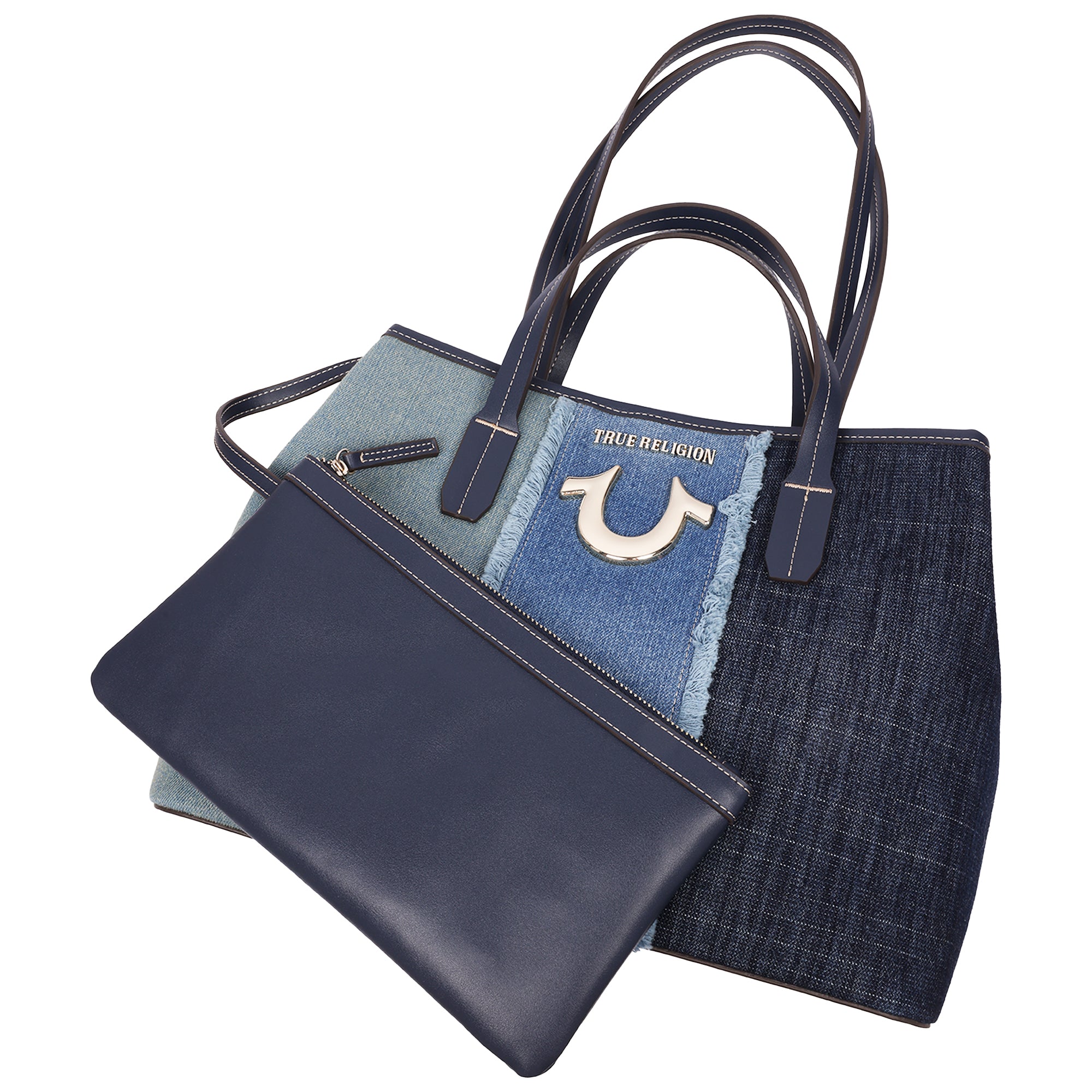 True Religion Frayed Denim Horseshoe Tote with Removable Wristlet