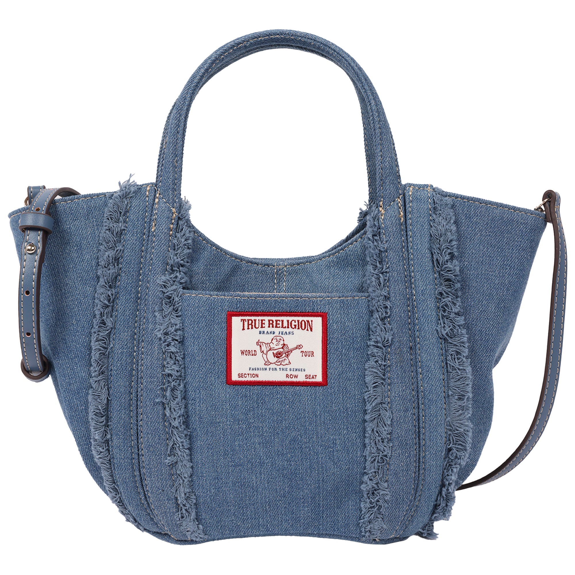 True Religion Atlas Frayed Medium Tote Bag – Denim Carryall with Remov