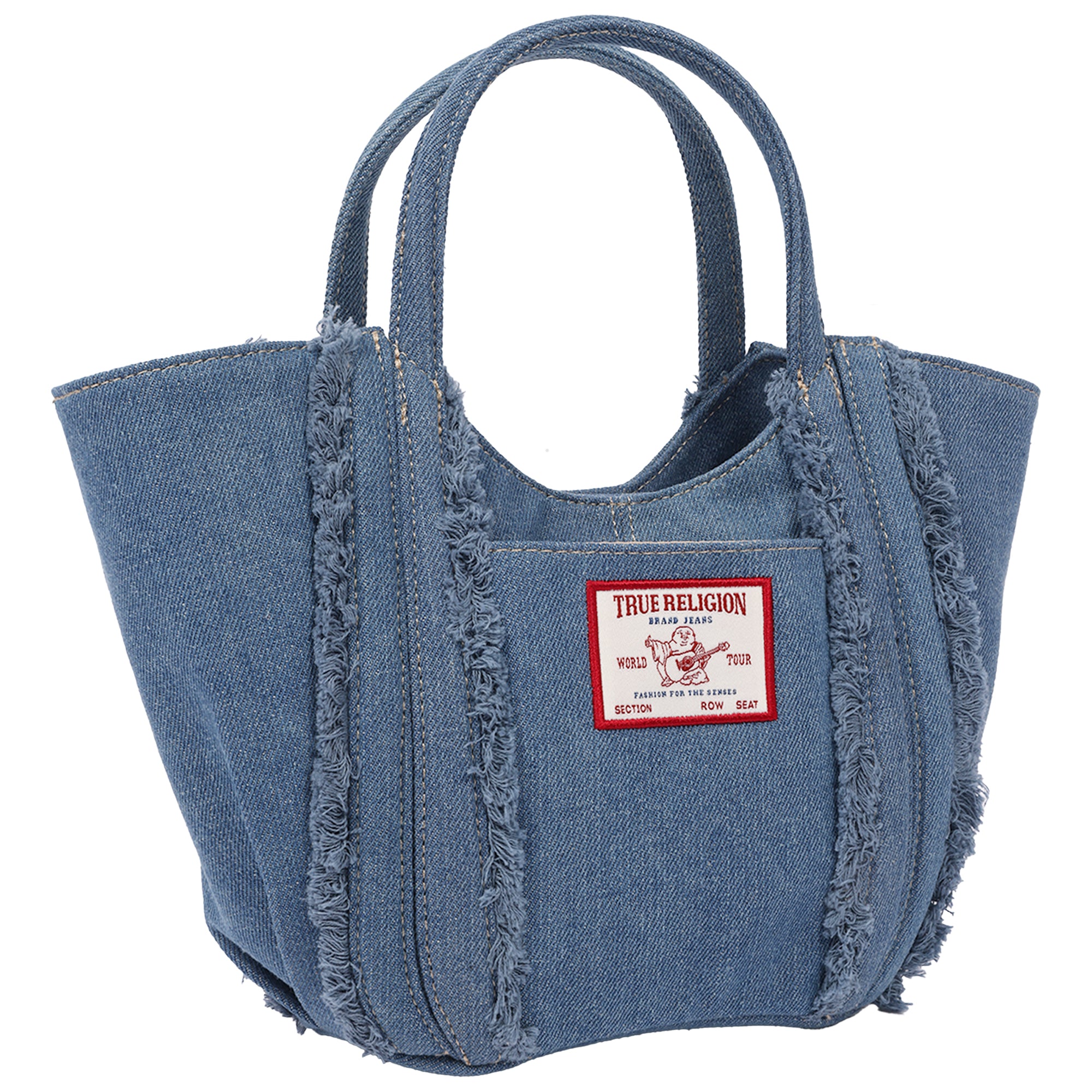 True Religion Atlas Frayed Medium Tote Bag – Denim Carryall with Removable Crossbody Strap