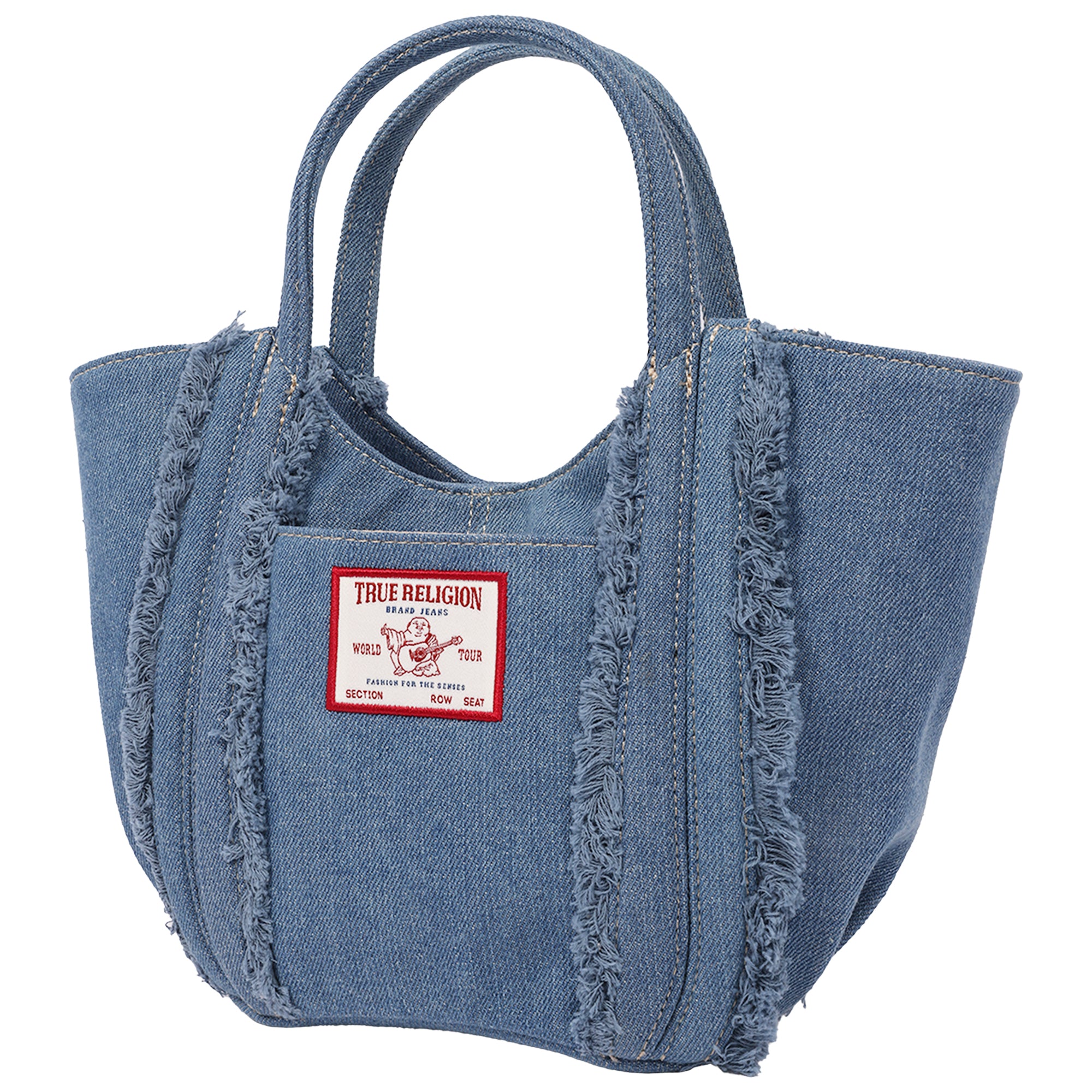 True Religion Atlas Frayed Medium Tote Bag – Denim Carryall with Removable Crossbody Strap