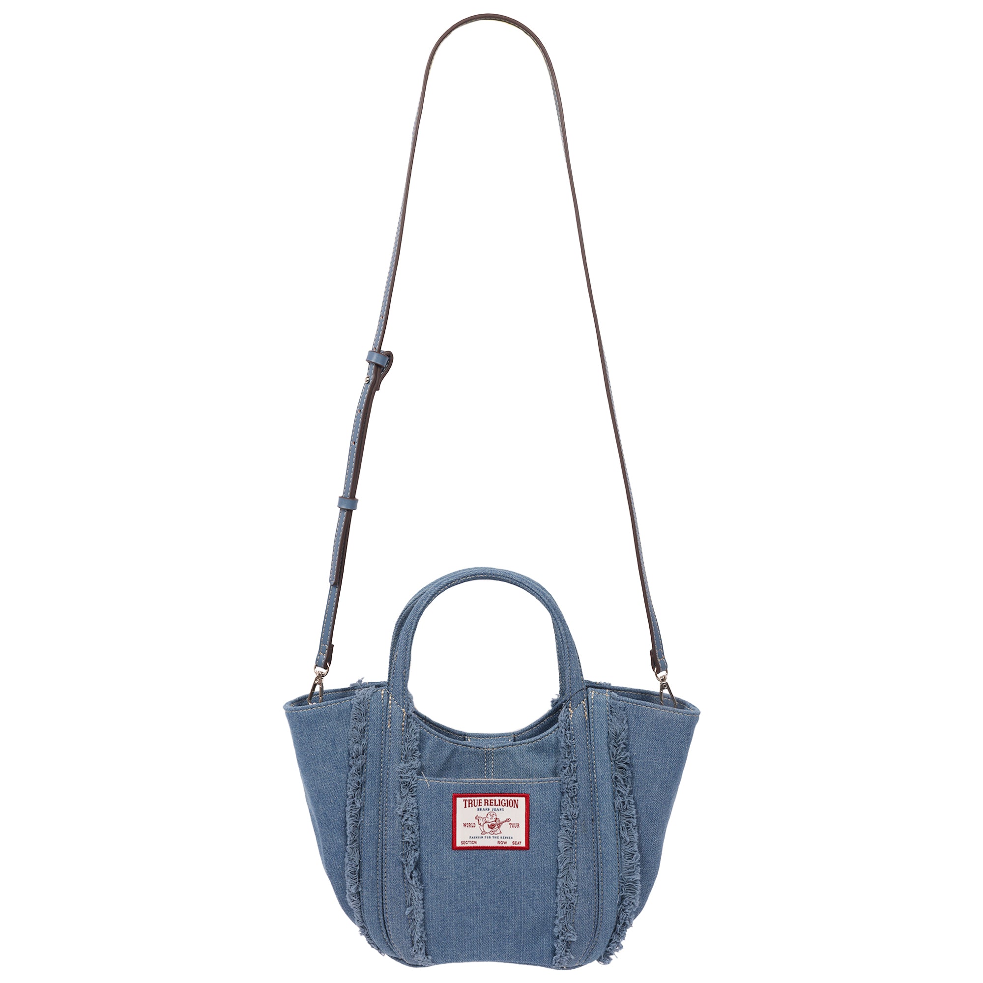 True Religion Atlas Frayed Medium Tote Bag – Denim Carryall with Removable Crossbody Strap