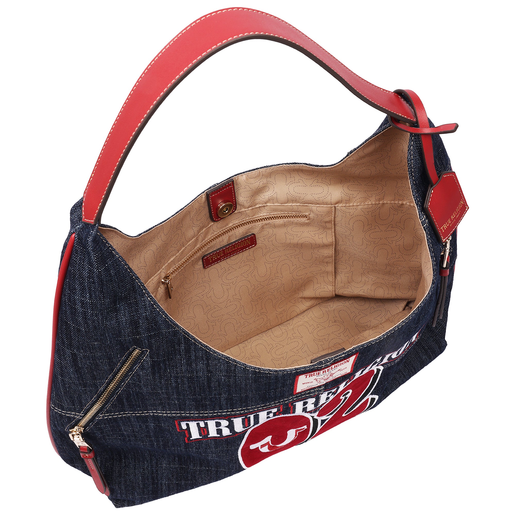 True Religion Varsity Logo Zip Pocket Denim Hobo Bag – Dark Denim Shoulder Purse