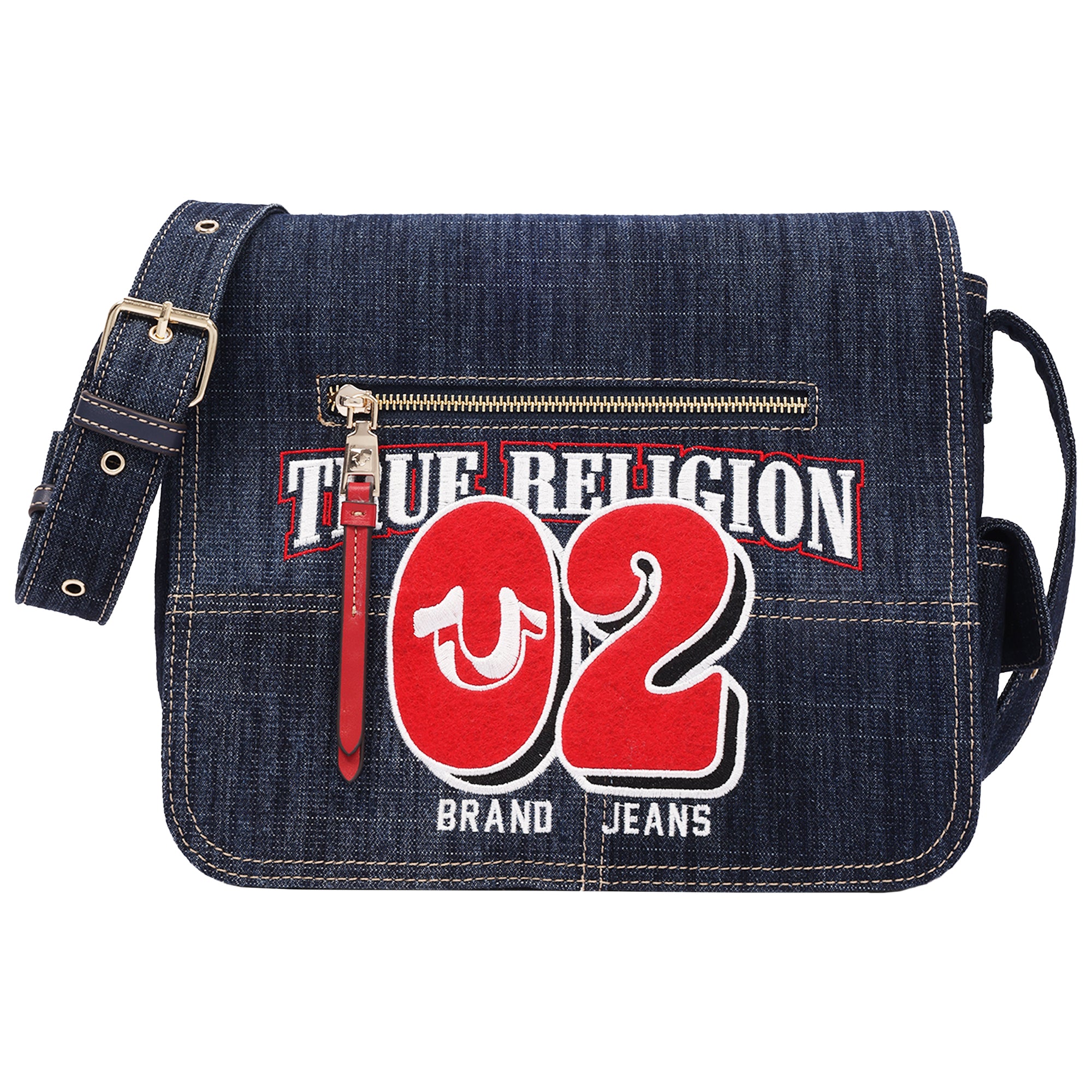 True Religion Varsity Logo Zip Pocket Denim Messenger Bag – Dark Denim Crossbody Bag