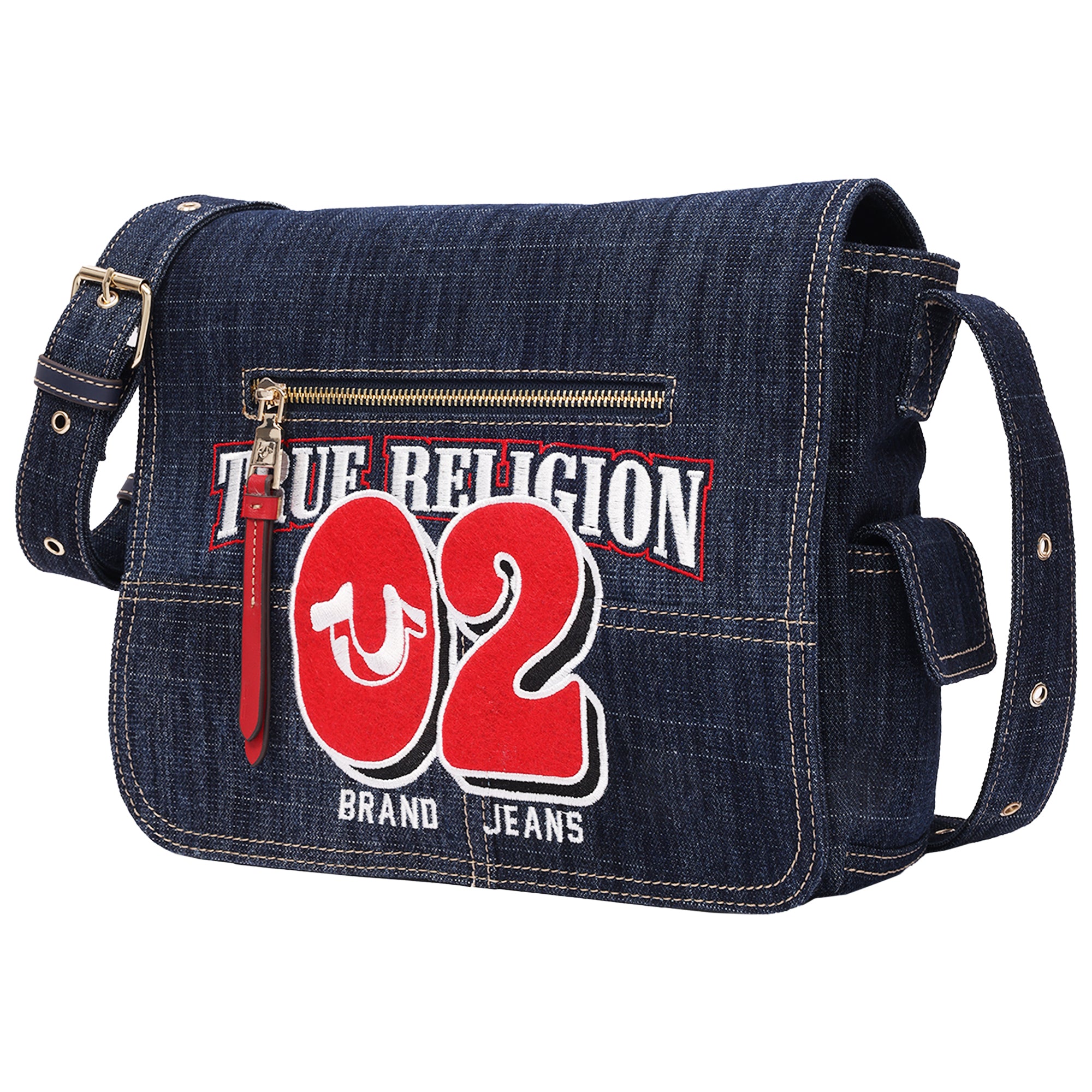 True Religion Varsity Logo Zip Pocket Denim Messenger Bag – Dark Denim Crossbody Bag