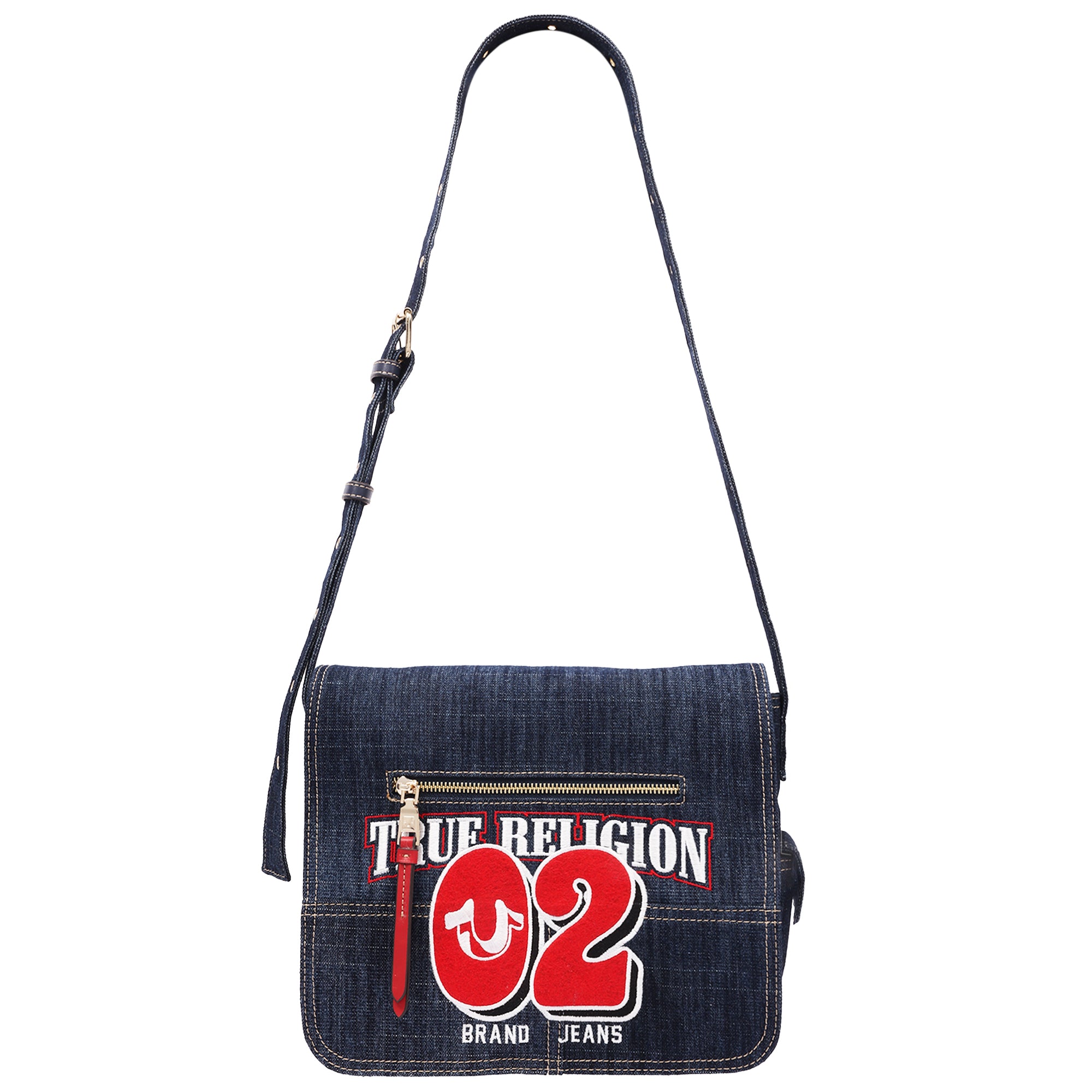 True Religion Varsity Logo Zip Pocket Denim Messenger Bag – Dark Denim Crossbody Bag