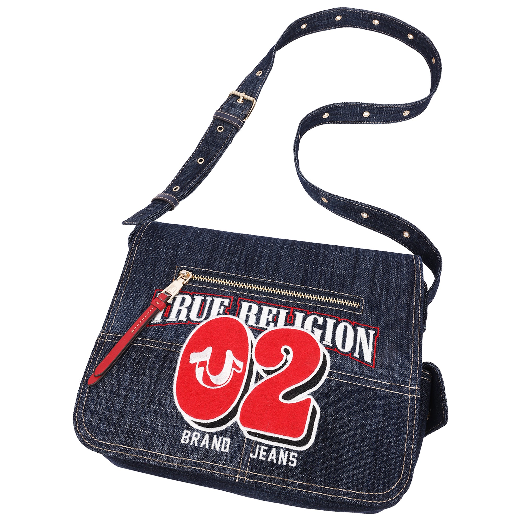 True Religion Varsity Logo Zip Pocket Denim Messenger Bag – Dark Denim Crossbody Bag