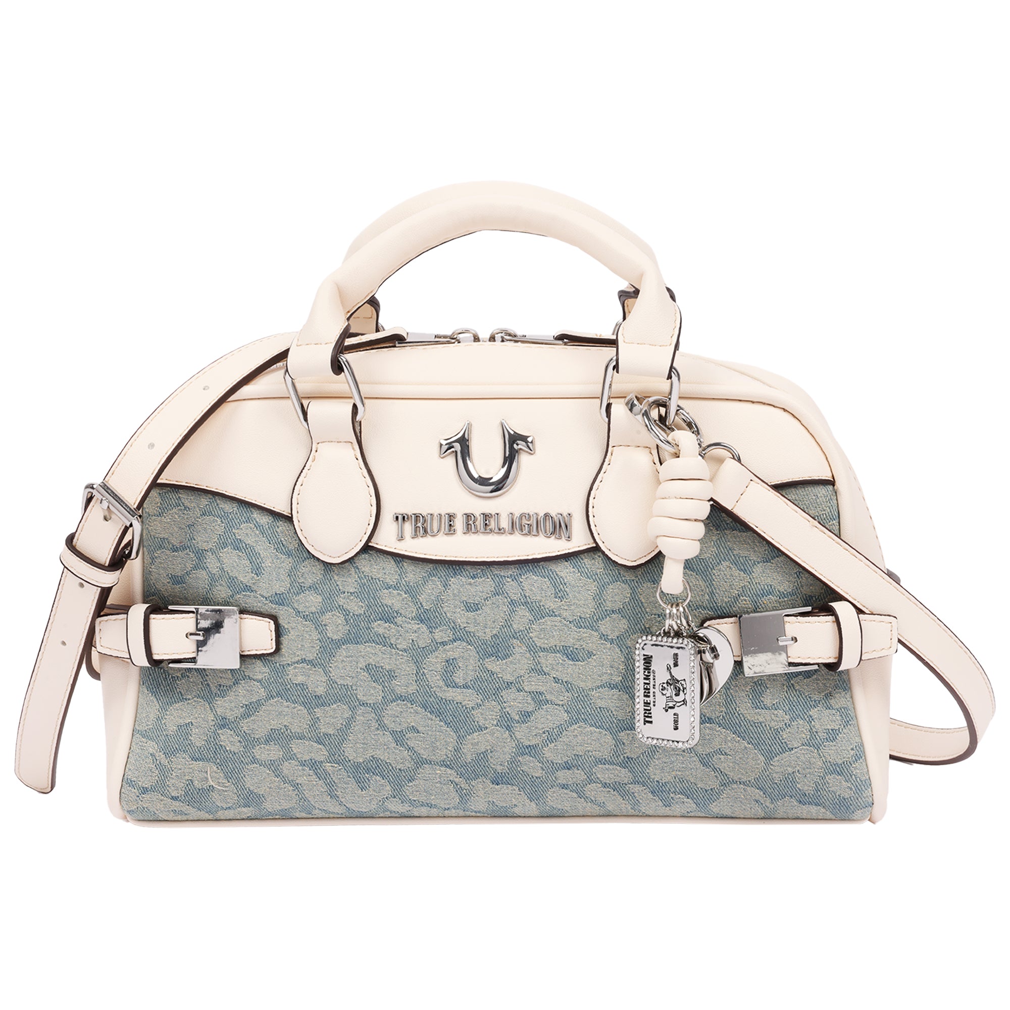 True Religion Brooks Leopard Denim Belted Satchel with Horseshoe Charm and Detachable Crossbody Strap